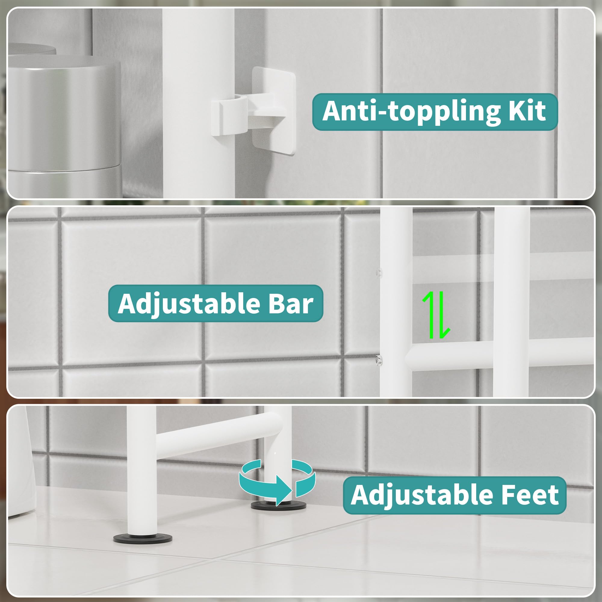 Almacenamiento de 3 niveles sobre el inodoro con soporte para papel, organizadores de baño de metal y almacenamiento para espacios pequeños, estantes de baño independientes con 4 ganchos 5
