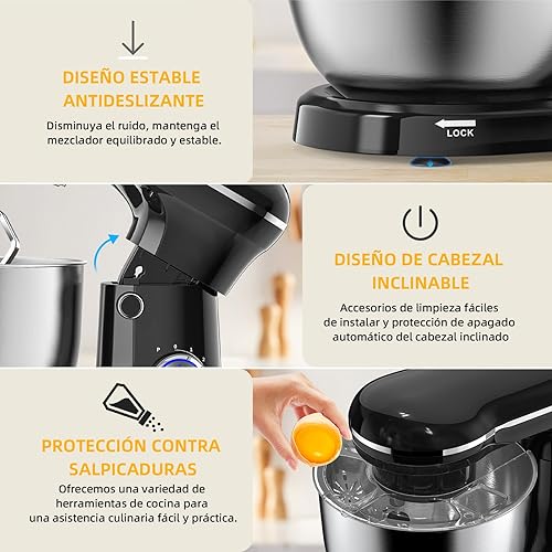 Miniatura 3 de Mezcladora de pedestal eléctrica, mezcladora de alimentos con cabezal inclinable de 10 velocidades, mezcladora de cocina 3-EN-1 para cocineros