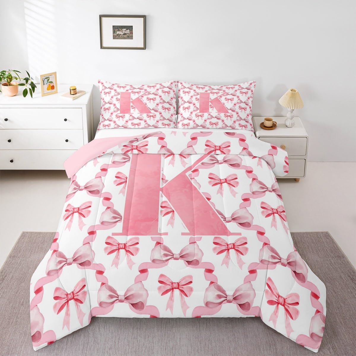 jejeloiu Cute Bowknot Comforter Set All Season Letter K Bedding Set with 1 Pillow Cases Girls Pink Bow Kids Twin Bedclothes Monogrammed Bedroom Decor Gifts for Daughter Women Teen Girls Duvet Quilt