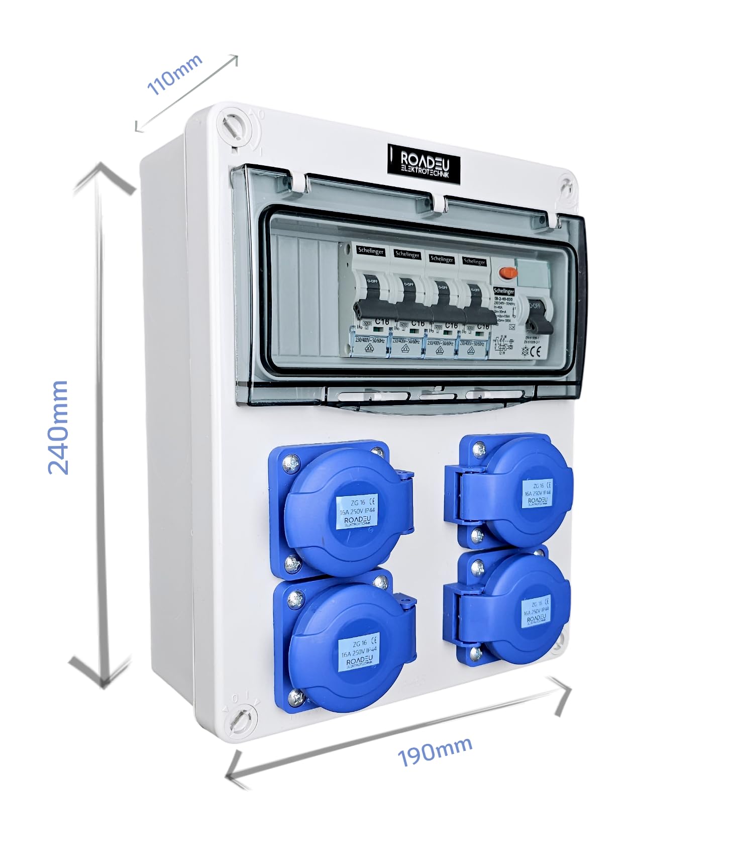 RoadEu Cuadro eléctrico 230V IP44 con diferencial y 4 tomas Schuko | 4 magnetotérmicos C16A VDE, cableado 2,5 mm², bornes N+PE, PG16, precableado