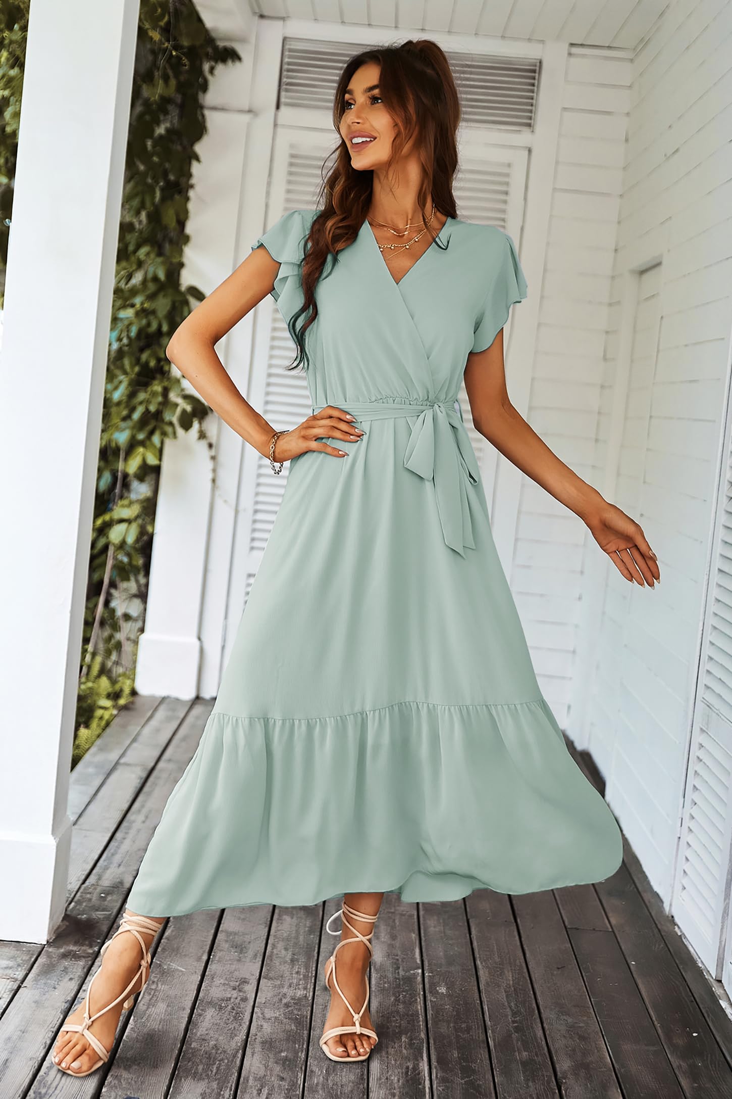 Awemeal Vestido de verano para mujer, elegante, cuello de pico, manga corta, vestido de verano, bohemio, floral, con cinturón, volantes, dobladillo envolvente, vestido de playa, línea A, vestido largo
