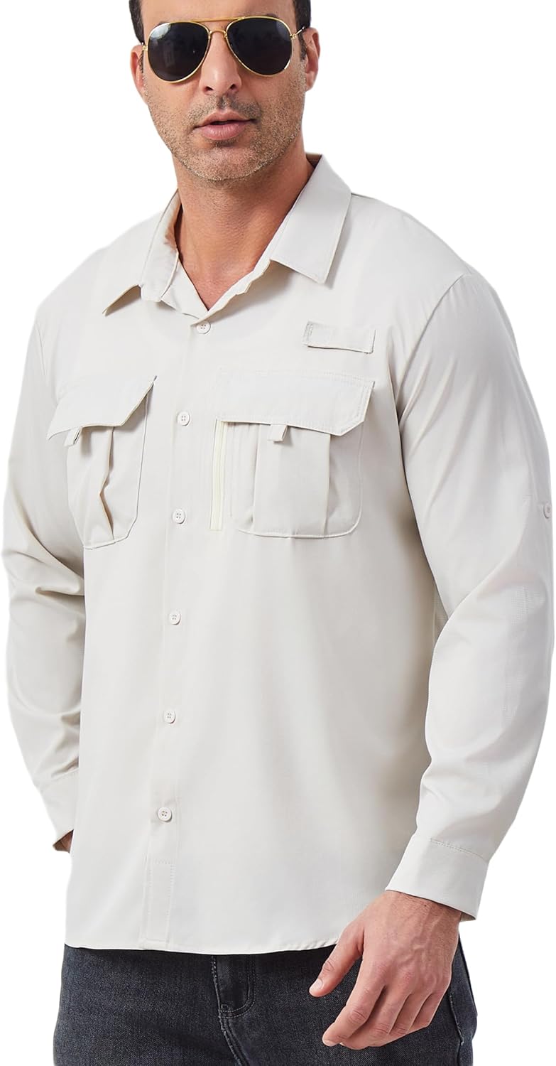 Men's Long Sleeve Fishing Shirts UPF 50+ Sun Protection Quick Dry Shirts Button Down Shirt for Hiking Camping
