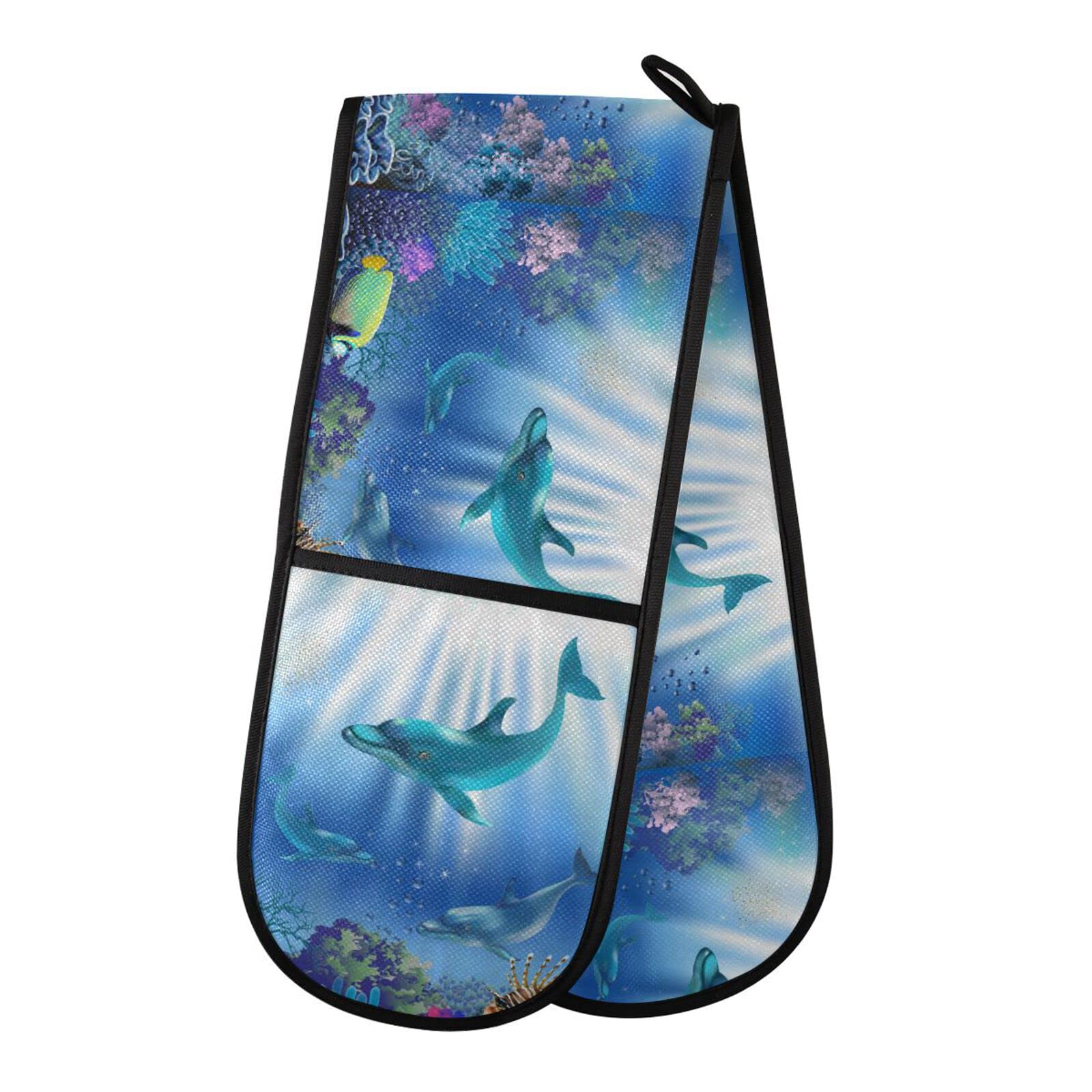 Double Oven Glove Ocean Sea Animal Dolphin Heat Resistant Double Ovens Mitt Modern Cooking Gloves Potholders โ image 1