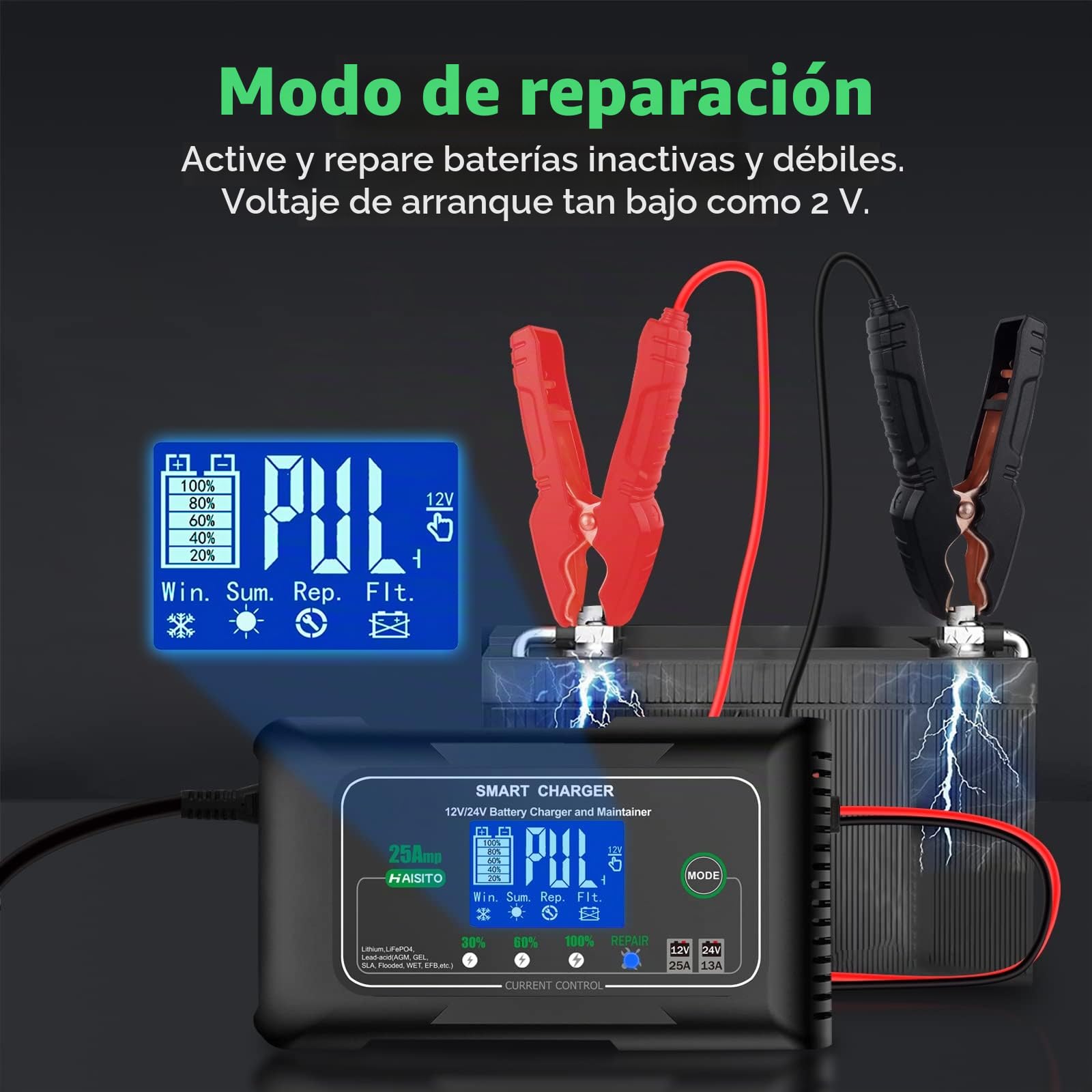 Haisito Cargador Baterias Coche 12V/24V 25A, Cargador de Batería Rapida Inteligente Coche y Moto, Desulfatador y Mantenedor para baterías de LiFePO4 Litio Plomo ácido (AGM, Gel, EFB, SLA, VRLA)