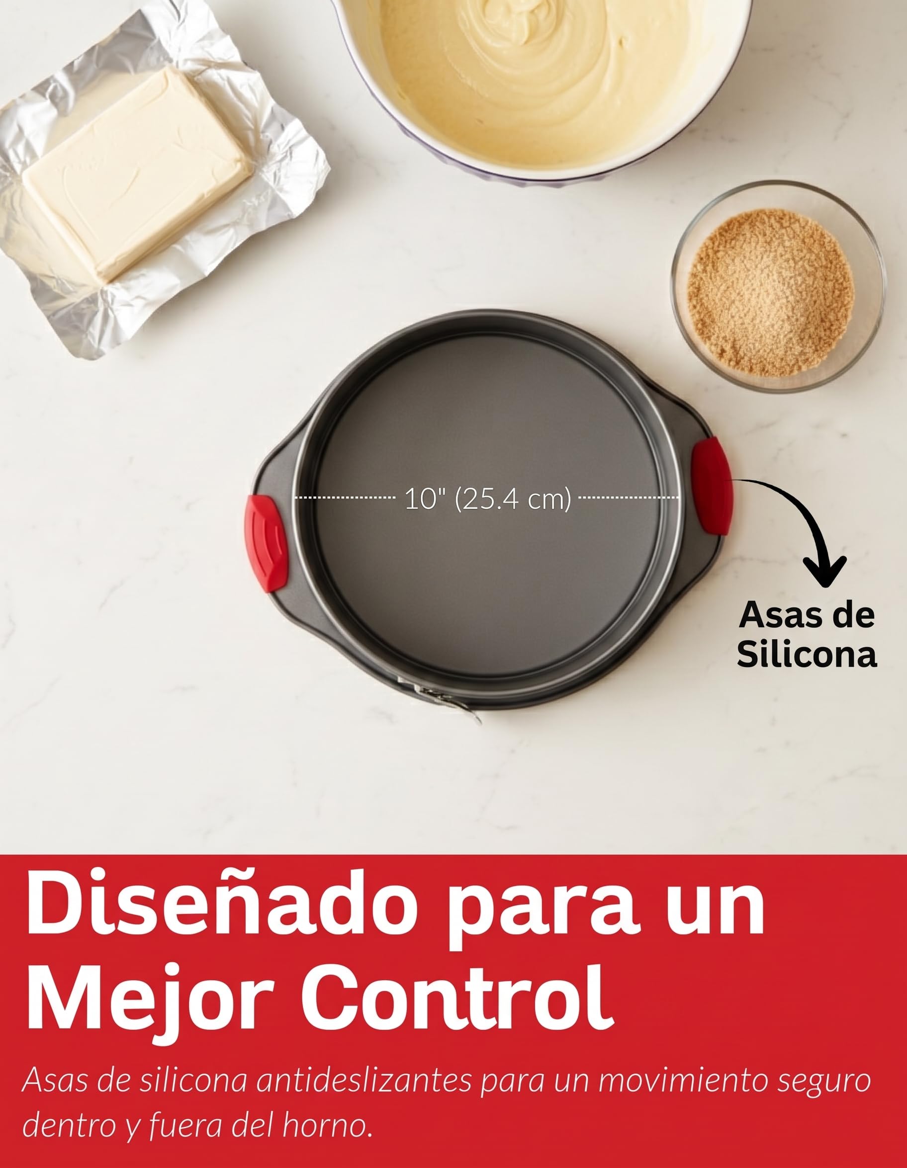 Molde Tarta Queso Desmontable Antiadherente 26 cm Redondo con Base Extraible - Molde Springform Profesional de Acero al Carbono con Cierre Hermetico y Asas de Silicona Roja - Boxiki Kitchen