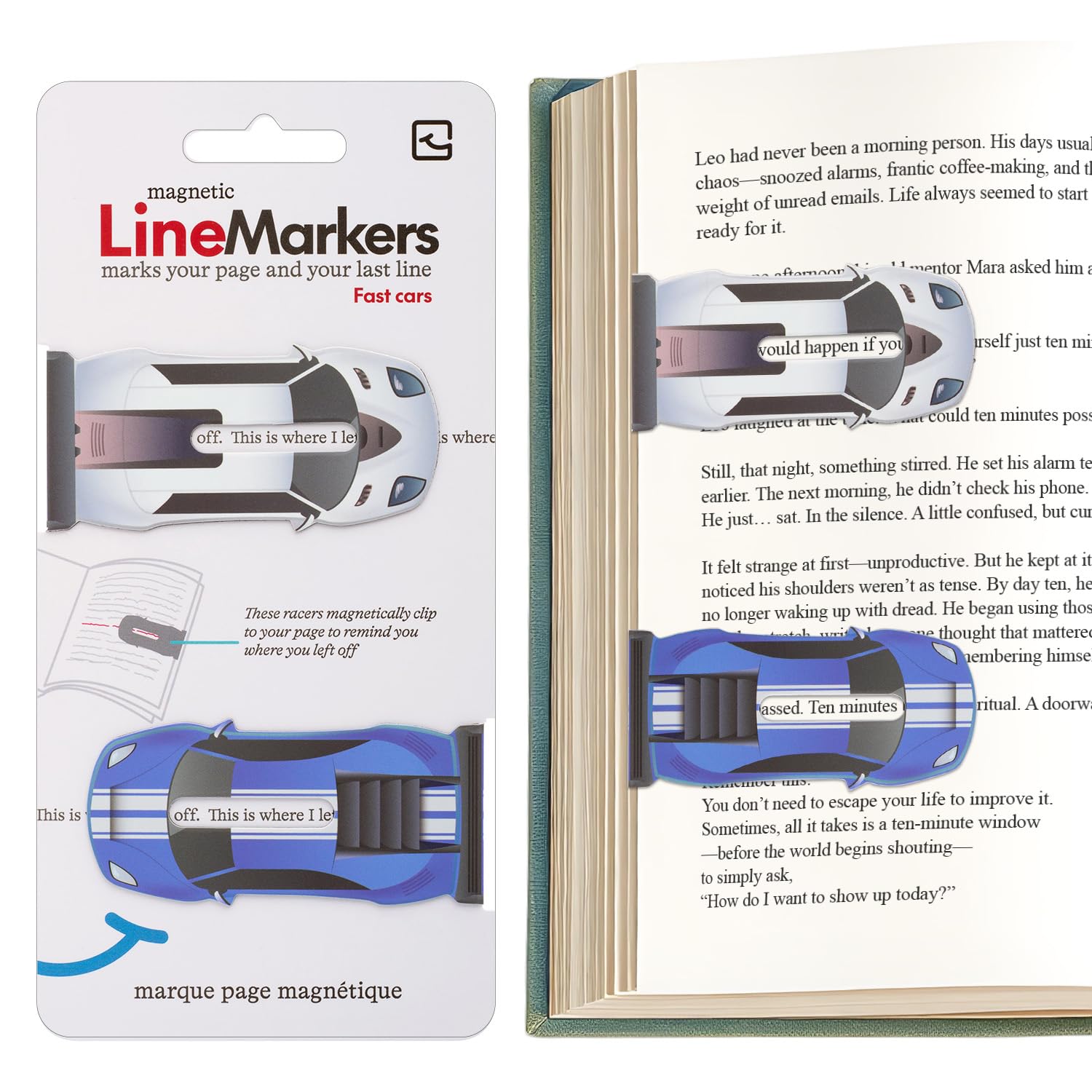 Gifts for Readers & Writers Linemarker Bookmark, 2 Pack Magnetic Bookmarks, Includes Line Finder Slit for Easy Line Tracking, Small & Cute Stationery, Book Page Holder, Reading Accessories, Fast Cars
