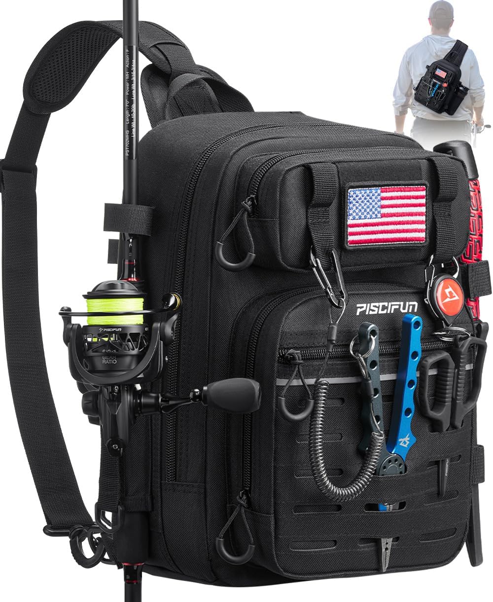Piscifun Fishing Backpack Tackle Bag with 2 Rod Holders, Multi-Compartment Storage, MOLLE System, Water-Resistant Lightweight Outdoor Pack
