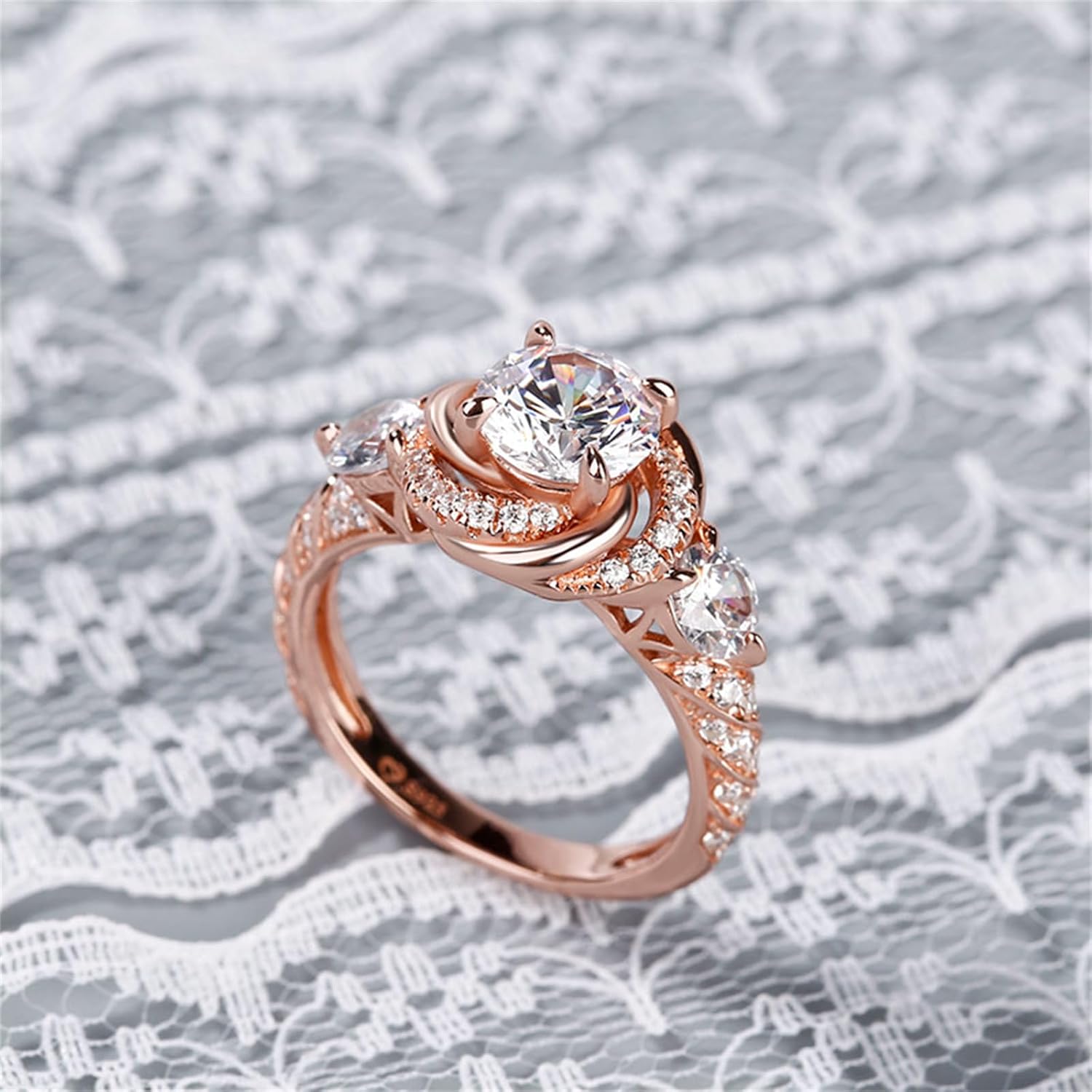 Jeulia 3ct Halo Simulated Diamond Engagement Rings 925 Sterling Silver Rose Gold Plated Eternity Band Rings Cubic Zirconia Anniversary Promise with Jewelry Gift Box - Image 4