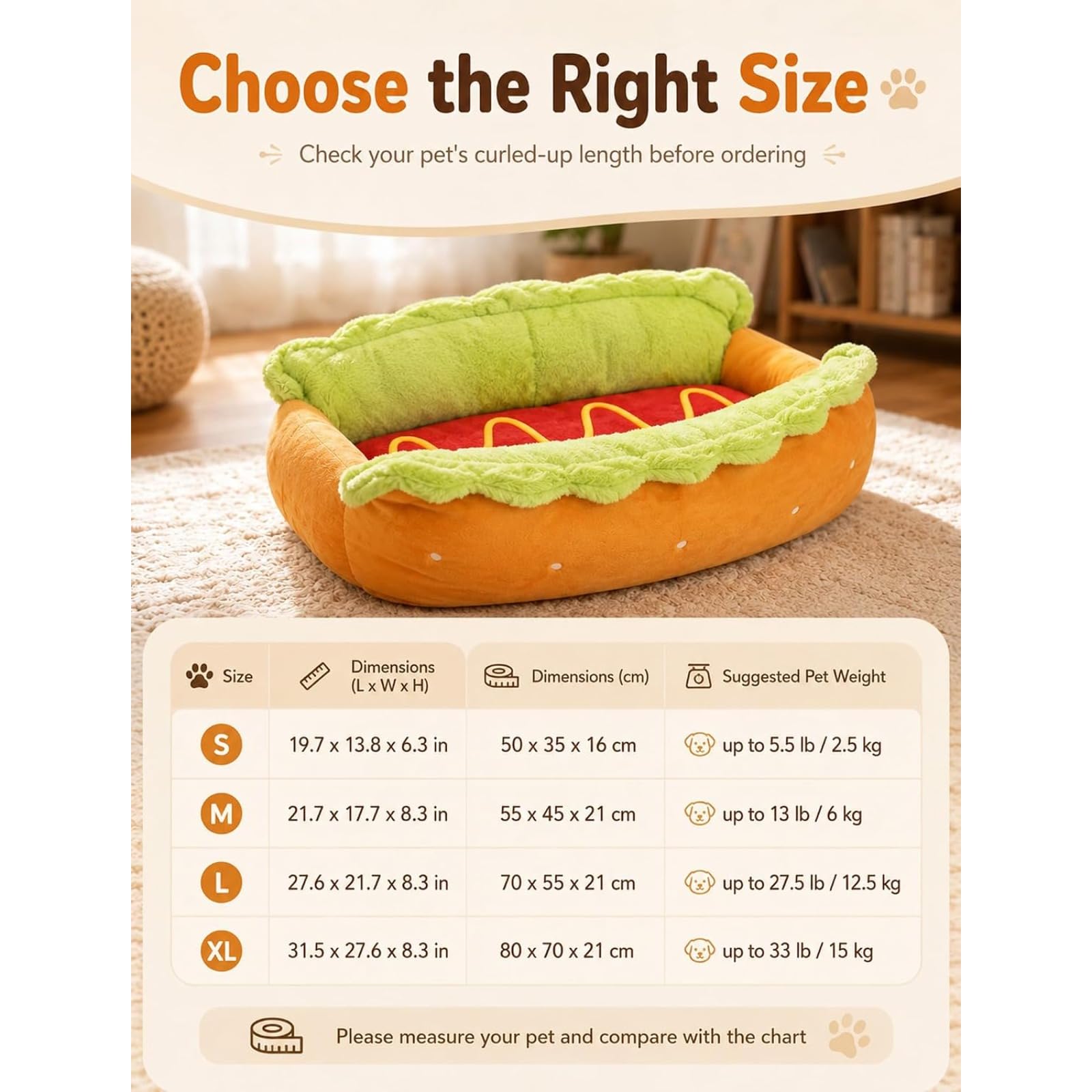 Hot-Dog-Bett für Dackel, kleine Hunde und Katzen, Plüsch-Haustierbett mit abnehmbarem, waschbarem Bezug, weiches Mikrofaser- und Cord-Haustiersofa mit rutschfester Unterseite, waschmaschinen (L)