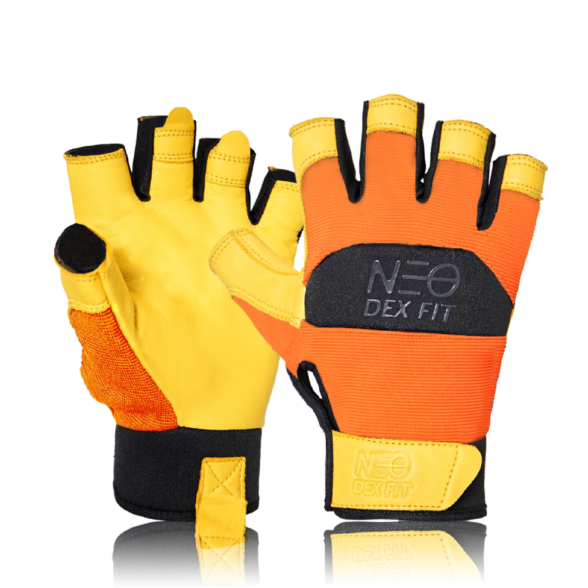 DEX FIT MG210P Fingerless Mechanic Work Gloves, Waterproof Cowhide Palm, Breathable Open Finger Design for Fishing, Auto Repair, DIY, Hand Washable; Orange Gold 1 Pair