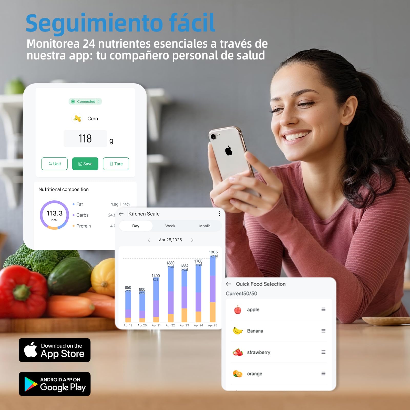 Báscula digital de cocina con cálculo nutricional, báscula de alimentos con 24 análisis nutricionales, báscula nutricional de acero inoxidable de 5 kg, pantalla TFT a color, 50 offline y análisis de