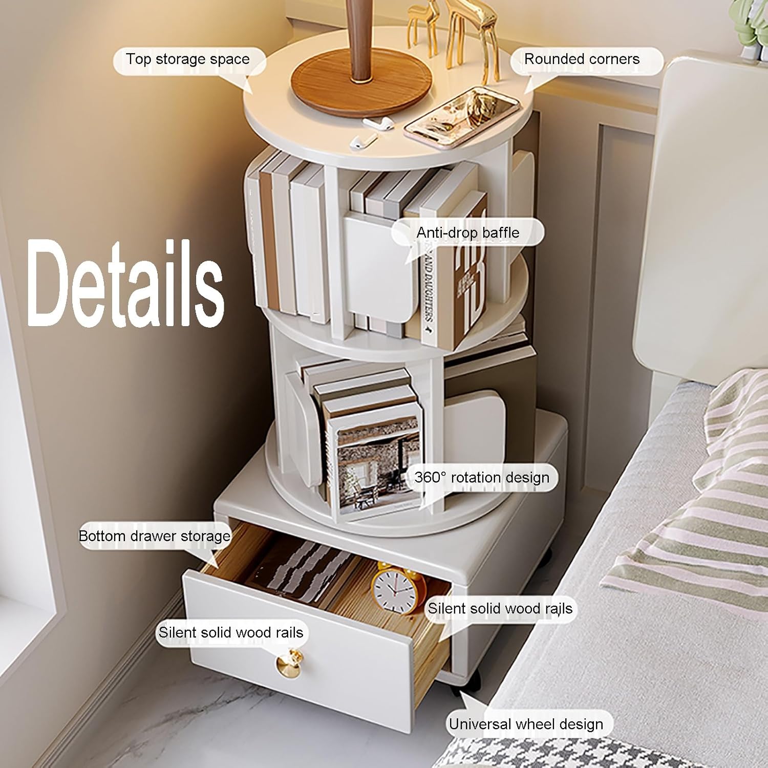 ベッドサイドテーブル、2段ナイトテーブル、小型の360&deg;回転ディスプレイ本棚、収納付きエンドテーブル、リビング、部屋、寝室、書斎、オ
