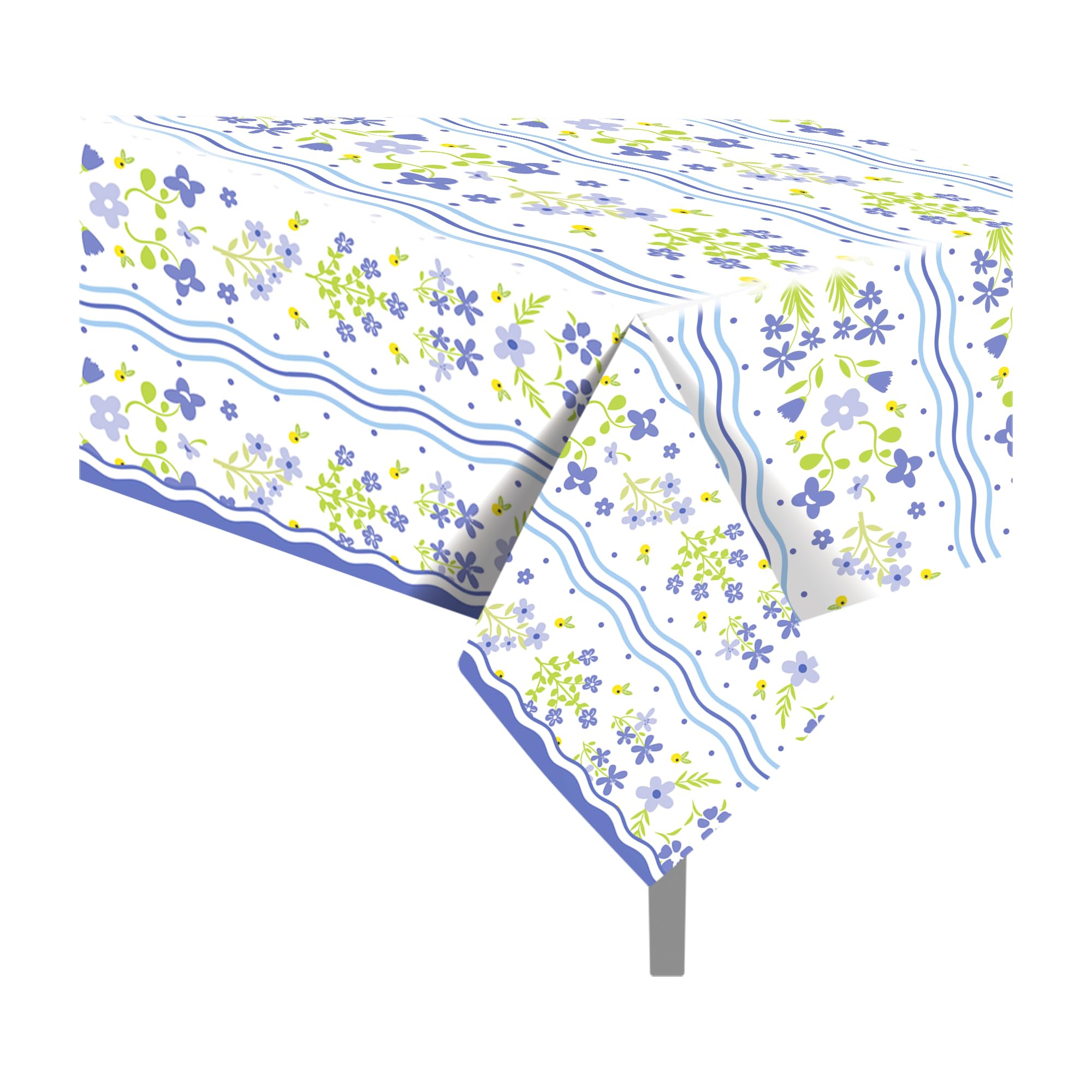 CC HOME 2Pc Blue Flowers Party Plastic Tablecloth 54 x 87 Inch Long Table Cover, Fresh Wildflowers Party Tablecover for Floral Theme Kids Baby Shower Birthday Dinner Picnic Kitchen Event