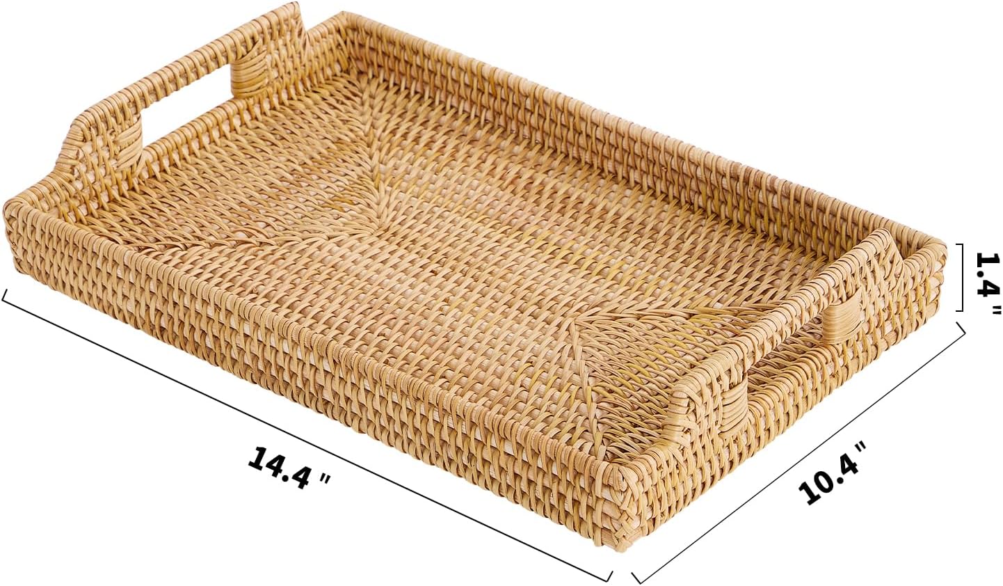 Rattan Rectangular Serving Tray with Handles, Hand-Woven Wicker Decorative Tray for Coffee Table,Vintage Boho Style Decor for Dining, Kitchen, Bathroom, Outdoor(14.4"x10.4"x1.4") - Image 8