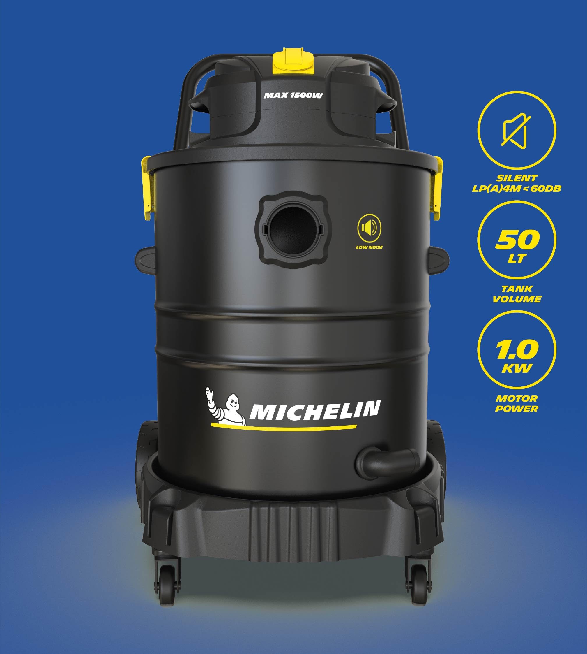 Michelin X5 50LS Aspirador Industrial 50L 1000W - Seco Húmedo - Depósito INOX - Silencioso 60dB - Toma Herramientas - Drenaje Rápido