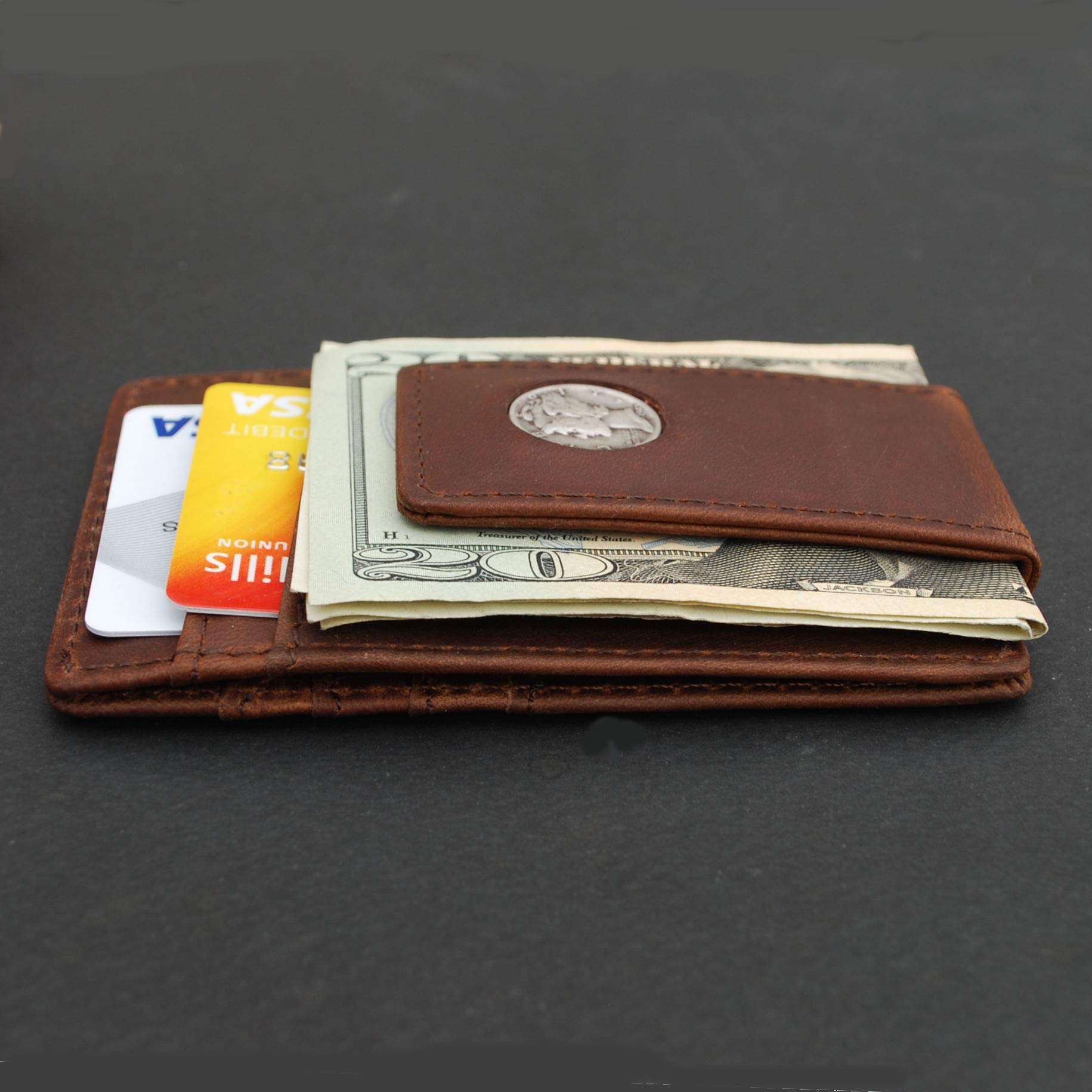 US 1926 Mercury Dime 90% Silver 10 Cent Coin Magnetic Money Clip and Wallet Combo New - Crazy Horse Water Buffalo Leather