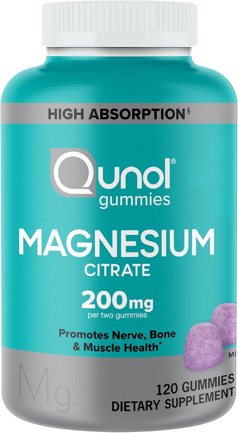 Qunol Magnesium Gummies for Adults, 200mg Elemental Magnesium (from 1,750mg Magnesium Citrate), High Absorption Magnesium Supplement, Supports Nerve, Bone and Muscle Health, Vegetarian, 120 Count