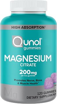 Qunol Magnesium Gummies for Adults, 200mg Elemental Magnesium (from 1, 750mg Magnesium Citrate), High Absorption Magnesium Supplement, Supports Nerve, Bone and Muscle Health, Vegetarian, 120 Count