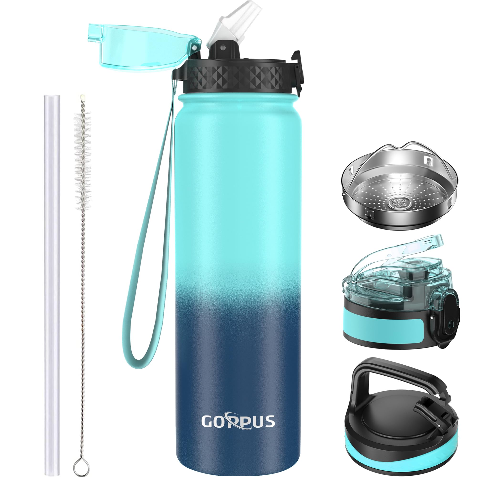 GOPPUS1L/32oz Stainless Water Bottle with Straw Double Wall Insulated Bottles with Strap Reusable Vacuum Thermal Flask Leakproof Keep Cold Drinks Bottles with Flip Top Lid for Gym Men Women BPA Free