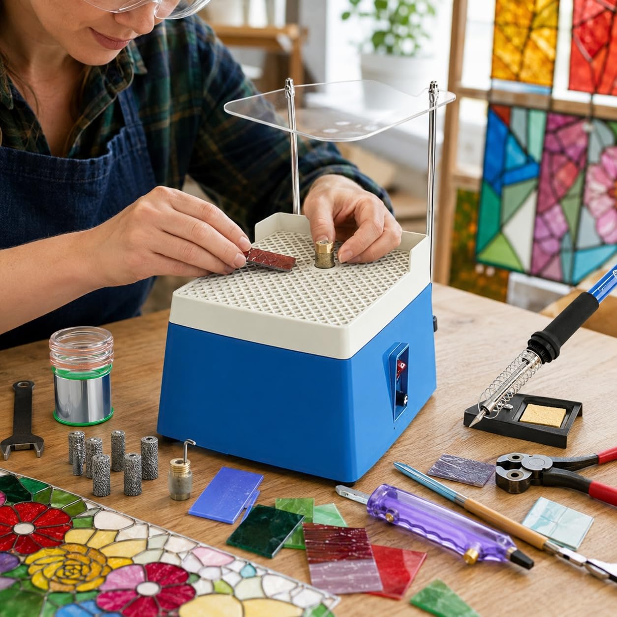 Buntglas-Starter-Kit mit Glasschleifer für DIY-Projekte, Komplettset für Anfänger und Hobbyisten in Glas- und Mosaikkunst