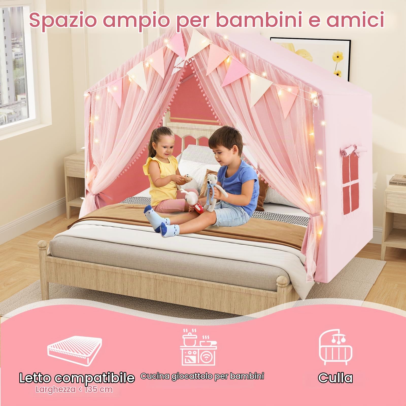 HOMASIS Tenda per Bambini Indoor, Casa da Gioco con Tappetino, Luci e Bandiere, Tenda da Gioco in Cotone, Tenda per Principesse per Ragazze e Ragazzi dai 3+ Anni per Camera dei Bambini (Rosa)