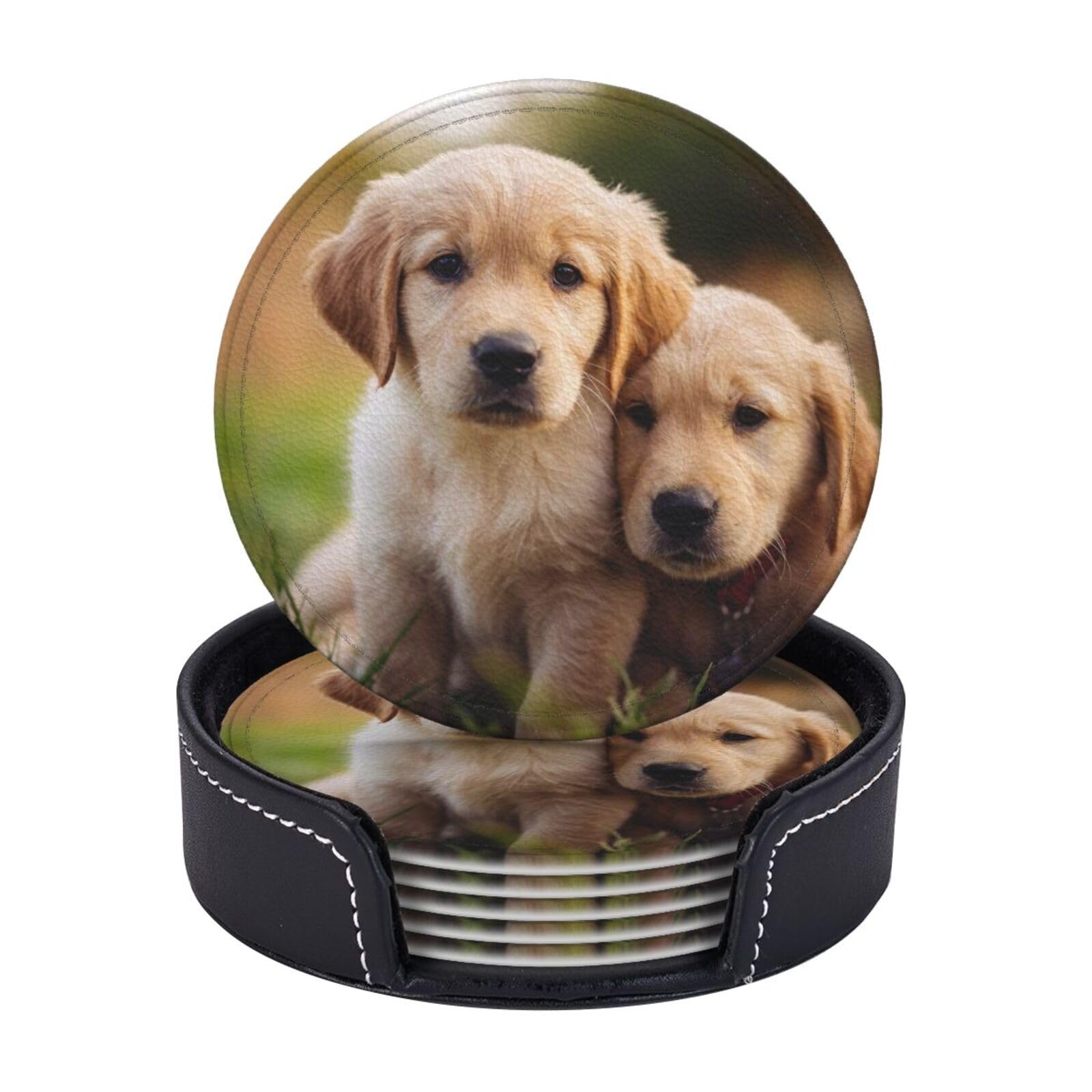 Drink Coasters 6 PCS Round Leather Coaster Cute Golden Retriever Puppy Coasters for Drinks Non-Slip Mugs Pads with Holder Personalized Cups Pad Mat for Coffee Table Kitchen 10 CM