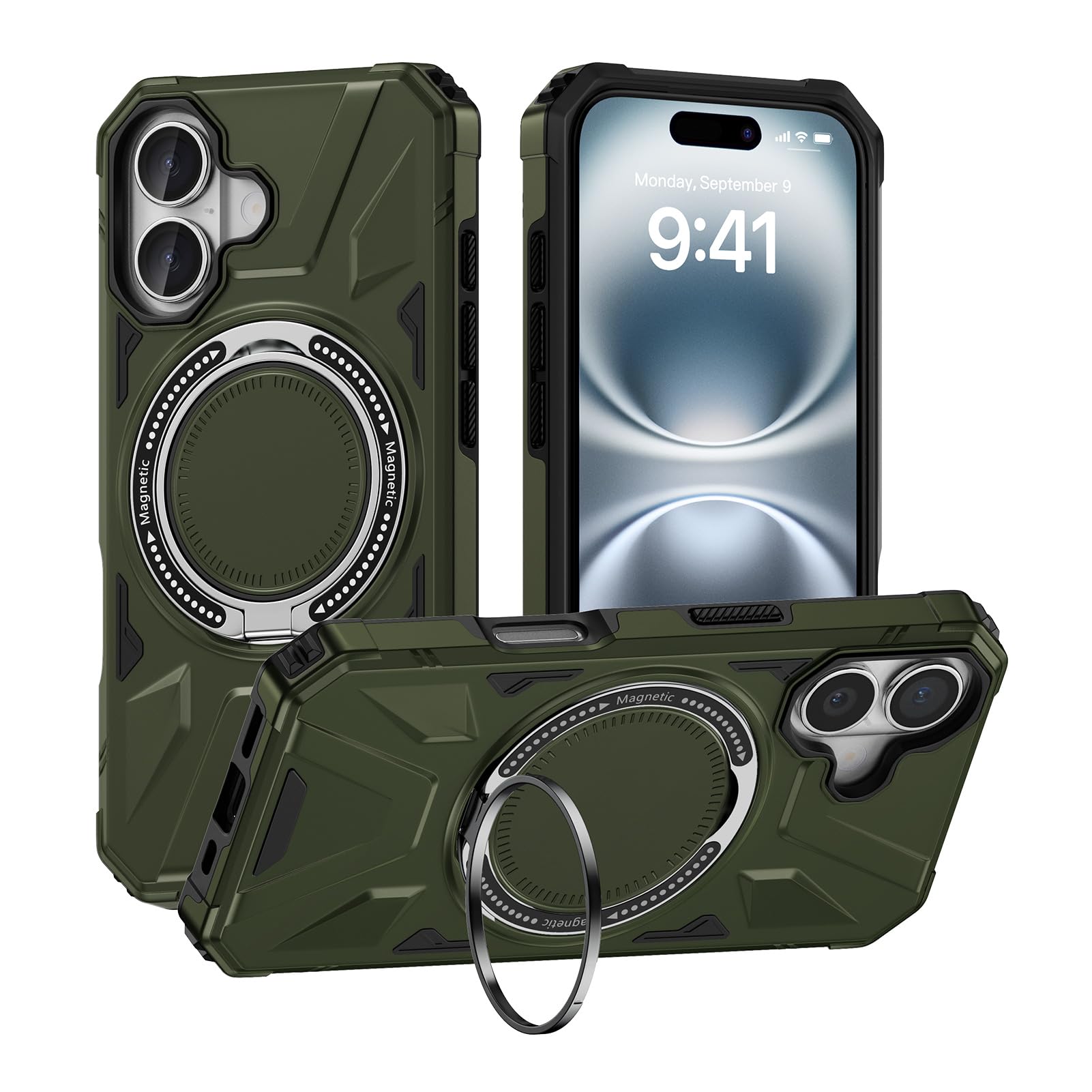 iPhone 16 Case with 360° Rotatable Magnetic Ring, Compatible with Mag-safe, Military-Grade Protective Case, Dropproof Heavy Duty Tough Rugged Shockproof Phone Case Cover for iPhone 16 (6.1 inch)-Green