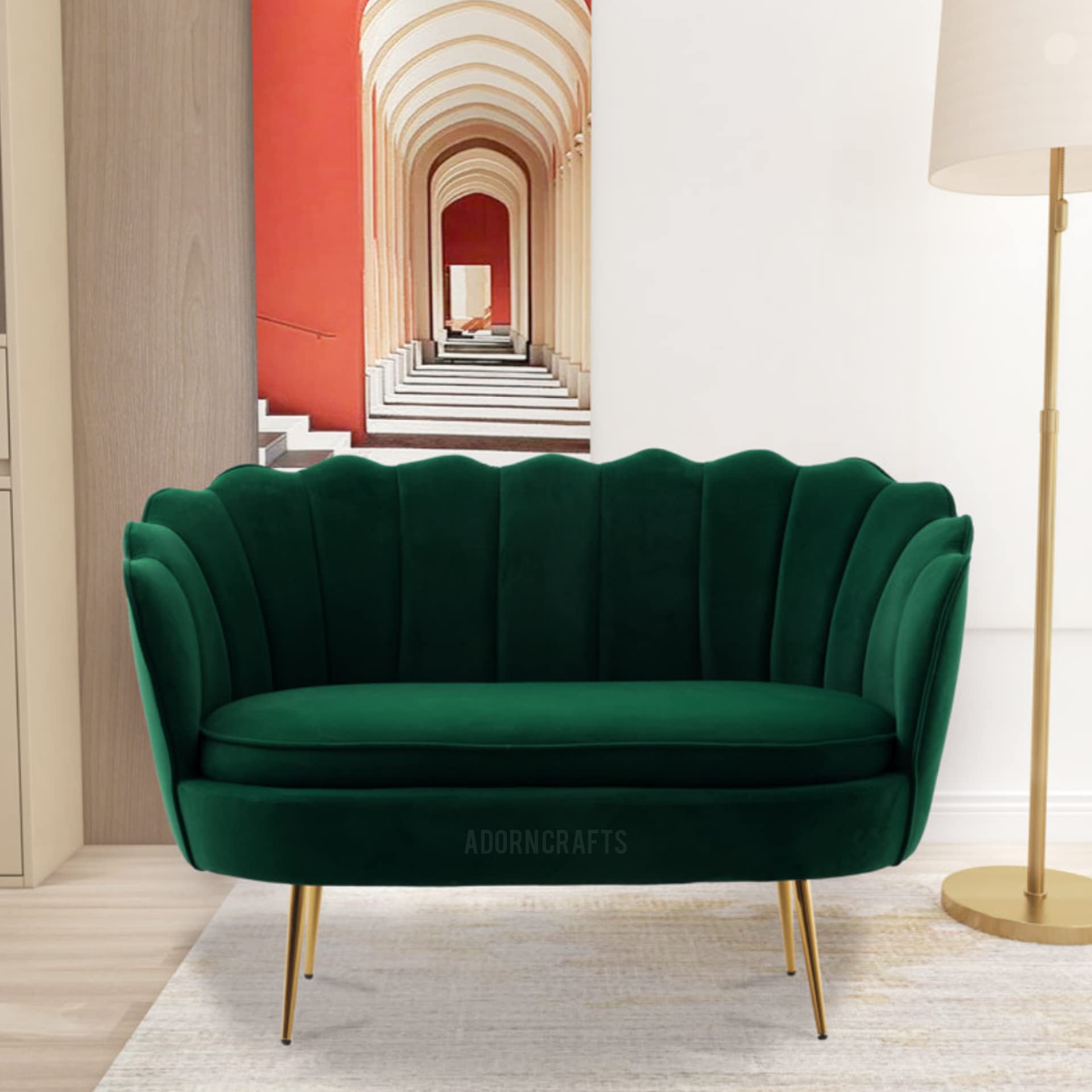 ADORN CRAFTS Sofa for Living Room Two Seater | Flared Arm Curved Loveseat with Golden Steel Legs. (Green)