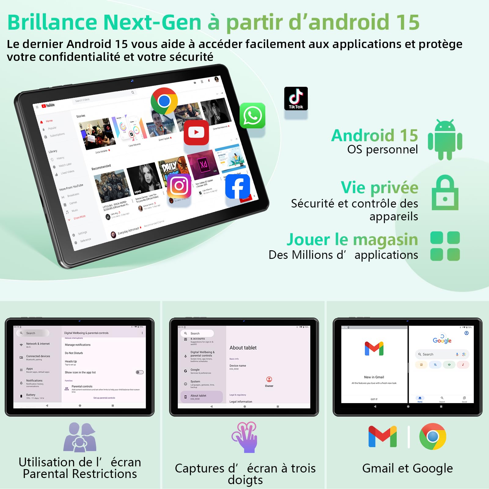 Tablette 10 Pouces, Tablette Android 15 avec Gemini AI, 18 GO RAM + 128 GO ROM + 1TO TF, Octa-Core, Écran Tactile IPS HD 1280x800, 6000 mAh, Widevine L1, WiFi 6 & BT 5.0, Caméra 5MP + 8MP(Noir)