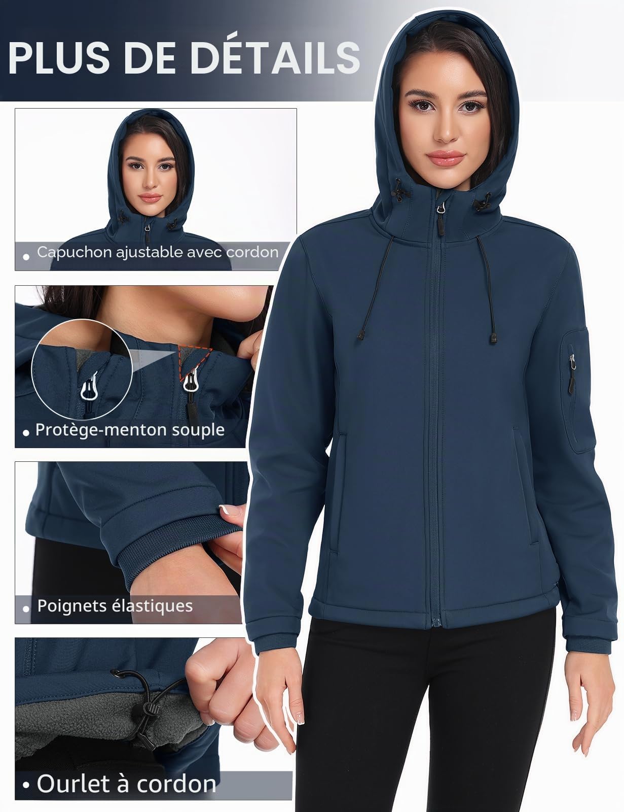 CMTOP Veste Softshell Femme Doublé Polaire Chaud Parka Imperméable À Capuche, Hydrofuge Coup-Vent Veste de Pluie d'Extérieur Veste mi Saison avec Poches À Fermeture Éclair