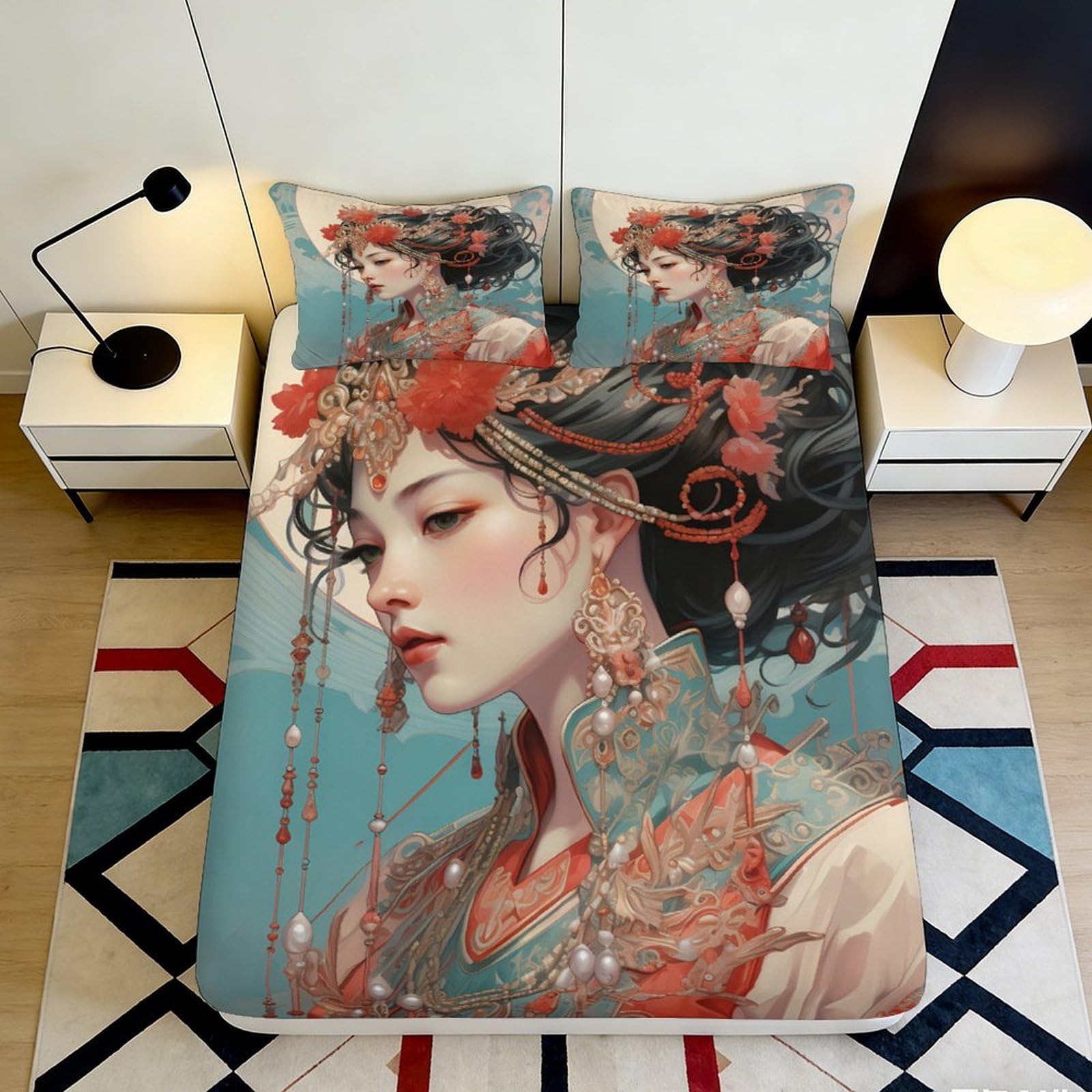 3D Printed Oriental Beauty Fitted Sheet Microfiber Soft Art Ink Style Mattress Cover for Bedroom Home Decor 90x200x25cm