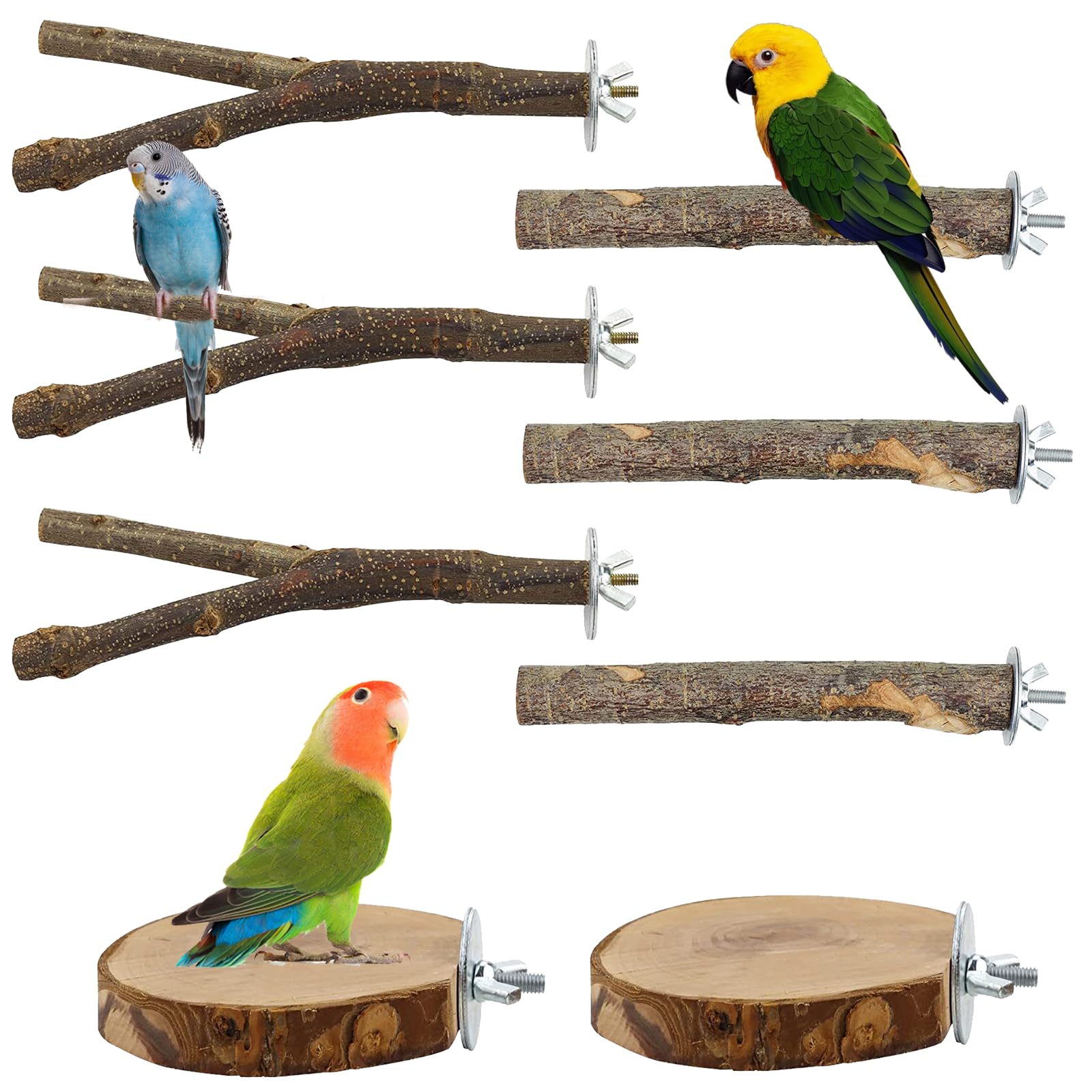 NICEWAT 8PCS Bird Perches for Cage, Budgie Perches Natural Wood Parrot Perch, 3 Style Wooden Parrot Stand, Bird Cage Swing, Bird Climbing Standing Branches for Cockatiel Lovebird Cage Accessories