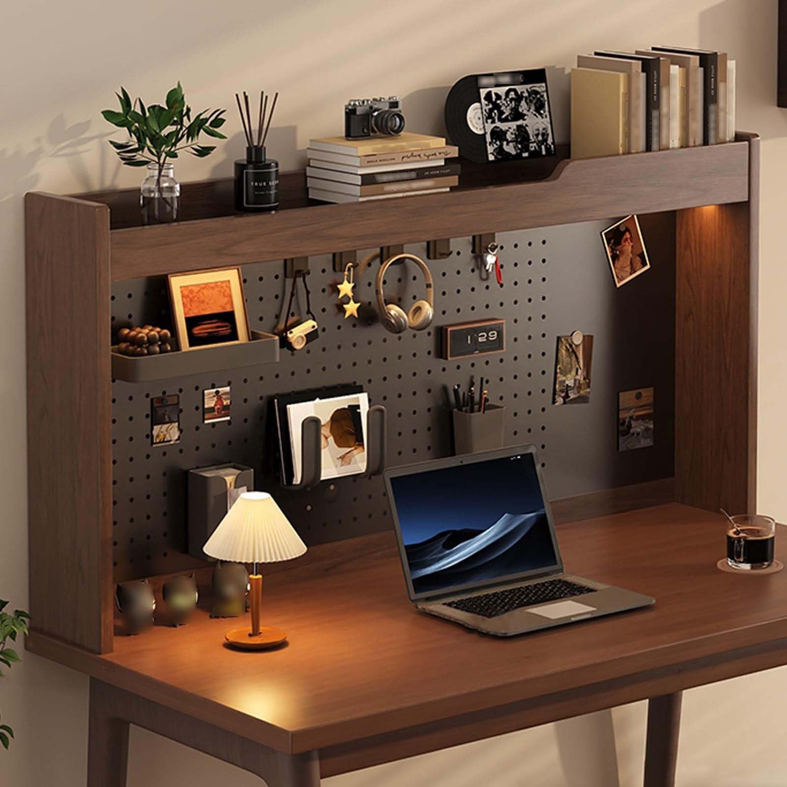 Guoddm Brown Bookshelf For Desktop Storage, With Pegboard Steel Frame And Wooden Shelves, Multipurpose Desk Hutch Organizer, For Home Dorm Office(75Cm/29.5In)