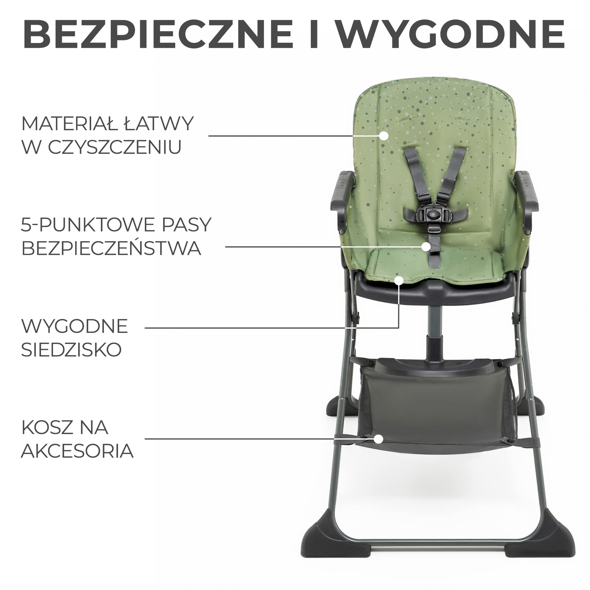 Kinderkraft FOLDEE Krzesełko do karmienia, Krzesełko dla dzieci, Składane do kompaktowych rozmiarów, Regulowane oparcie i podnóżek, Tacka i koszyk w zestawie, od 6 miesięcy, Zielone