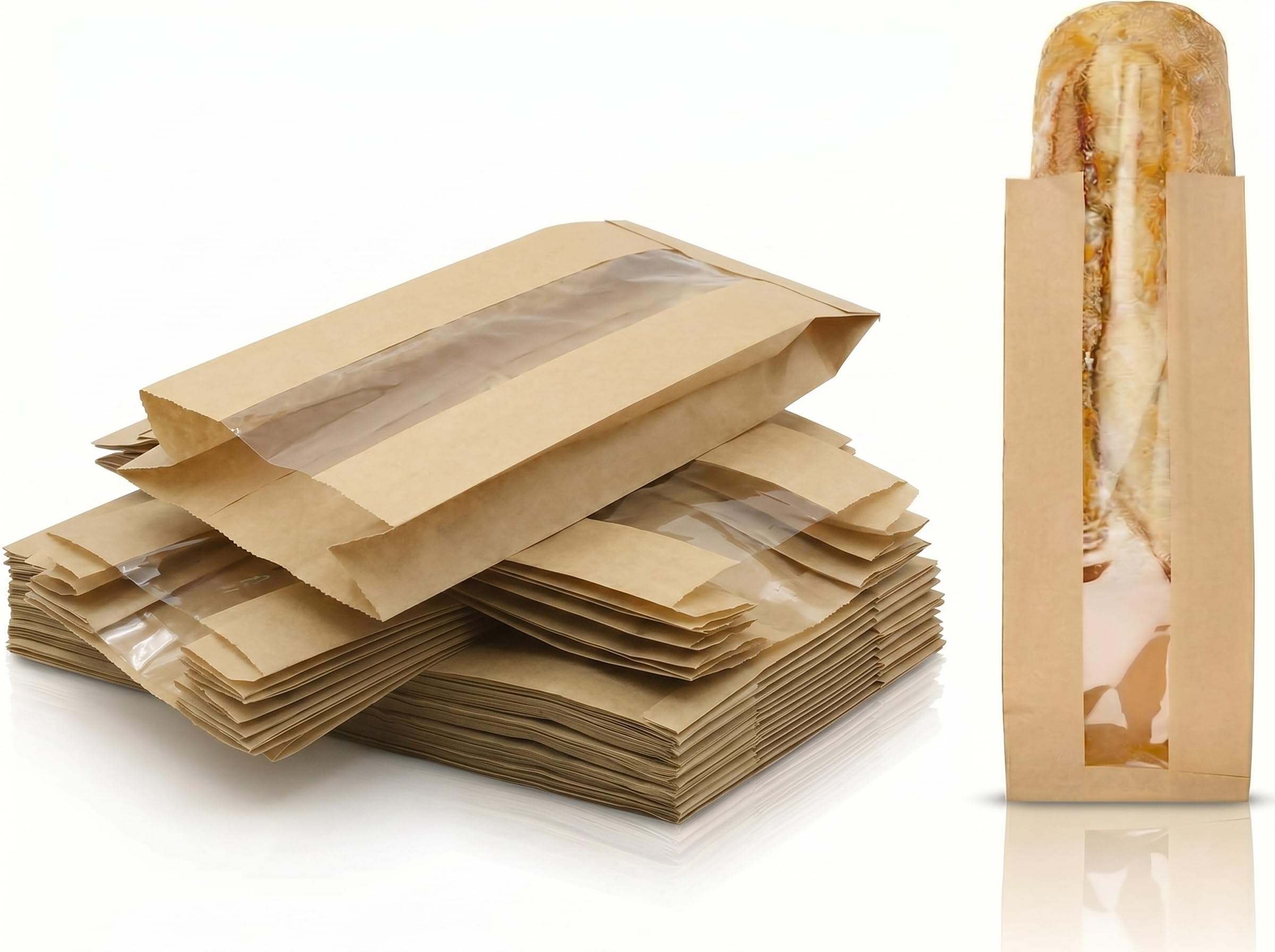 1000 Bolsas Kraft para Sandwich y Baguette con Ventana | 10 + 4 x 29 cm | Bolsas de Papel para Pan, Bollería, Bocadillos y Bakery Take Away