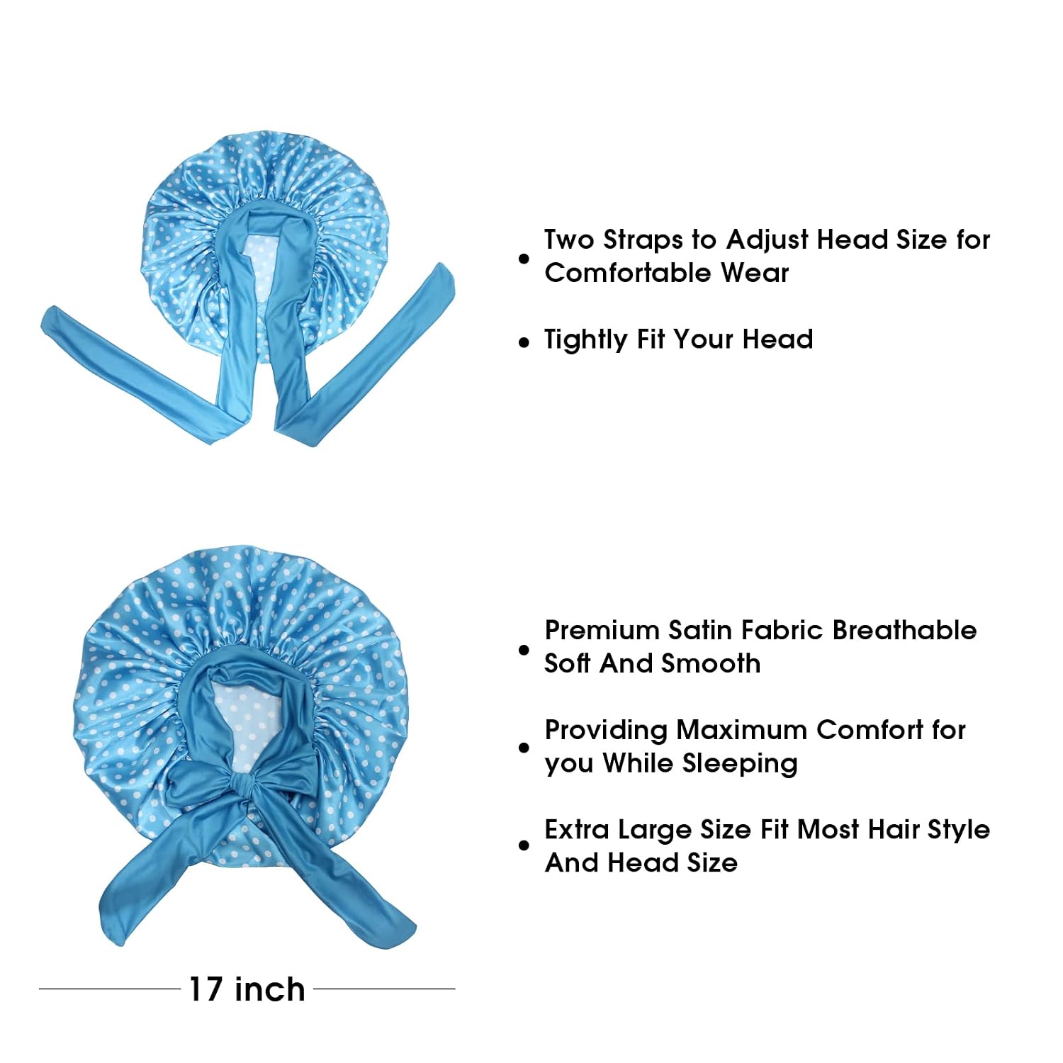 Hanbertti 2 Pack Silky Satin Hair Bonnet Sleeping Hat with Wide Tie Band Bonnets for Curly Hair When Make up and do Housework（Black+Blue Polka dot）