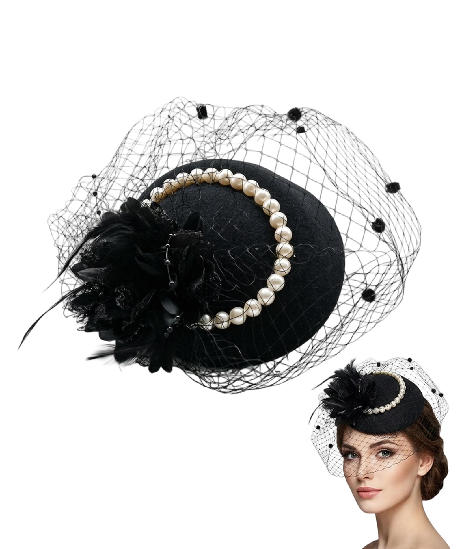 embroidery Fascinator Hats for Woman, Black Pearl Small Fascinator Hat for Weddings and Formal Events, Elegant Headpiece for Brides and Wedding Guests, One Piece Design with Pearl Accents-picture-10