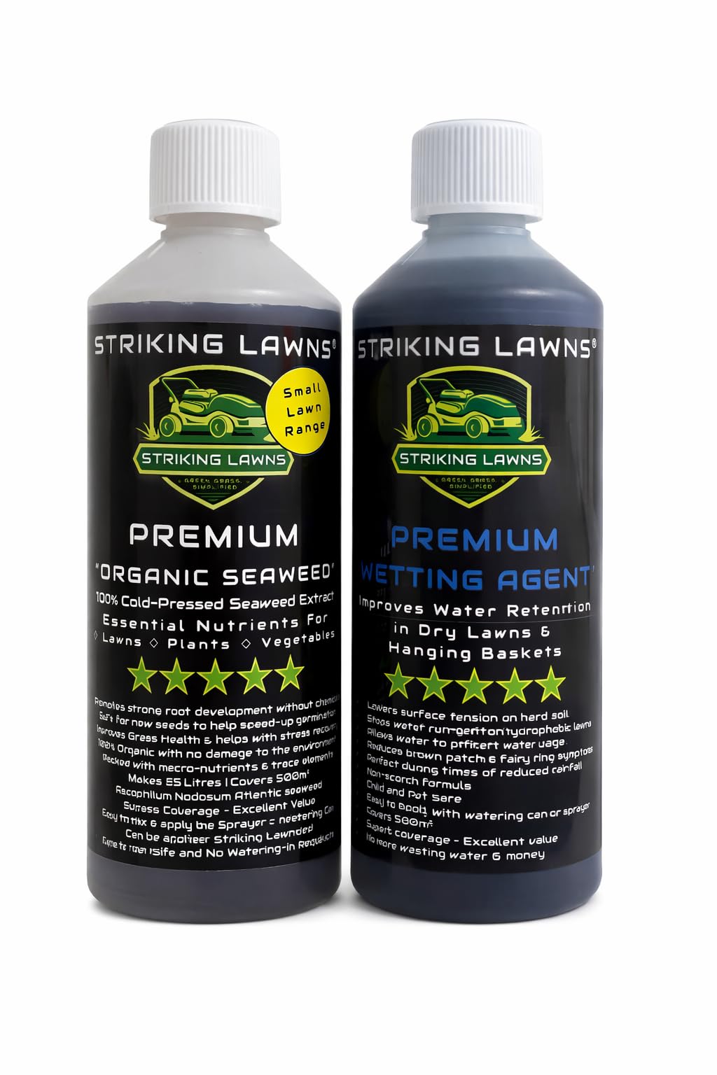 STRIKING LAWNS® Lawn Wetting Agent and Organic Seaweed Feed Bundle Pack, Hydrates Dry Soil, Boosts Root Growth, 500m² Coverage