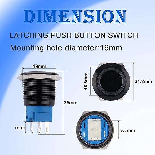 Vista 27 de Interruptor de botón momentáneo de 0.748 in, impermeable, 12V-24V, 1NO 1NC, anillo de interruptor de botón de aleación de aluminio negro LED