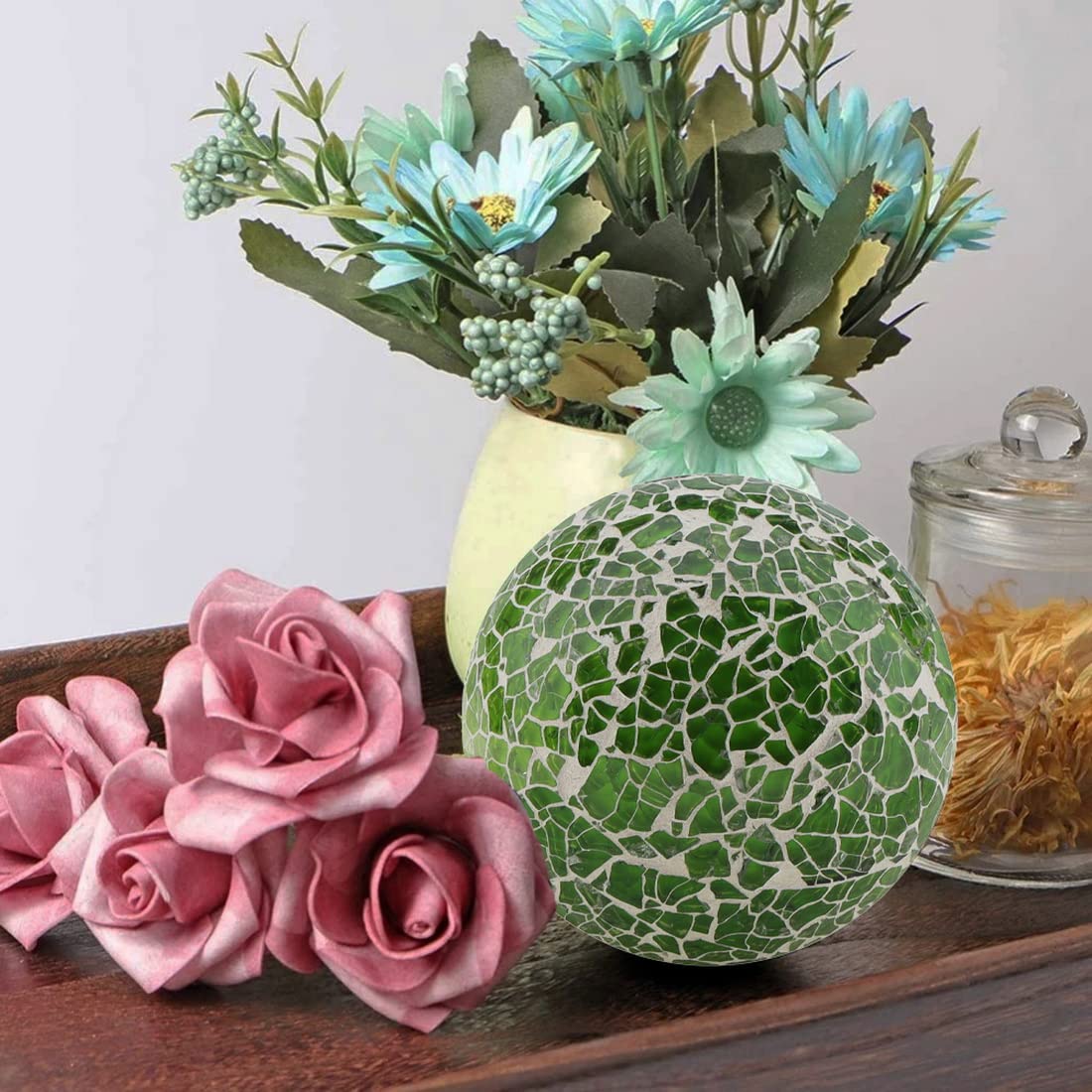 Woration 1 PC Decorative Orbs Green 3.35 Inch Table Centerpieces Balls Glass Mosaic Sphere Balls Vases Bowls Filler Decorations for Home Party Christmas Living Room