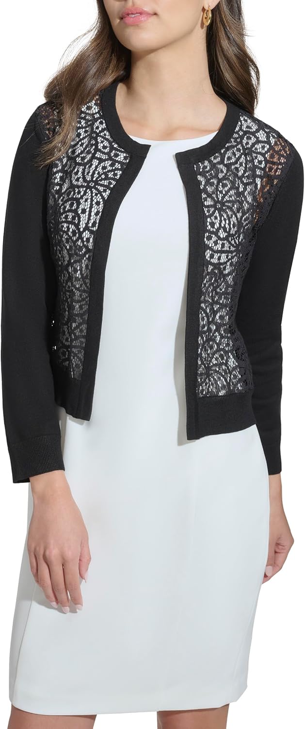 DKNY Womens 3/4 Sleeve Jewel Neck Lace Open Front Shrug