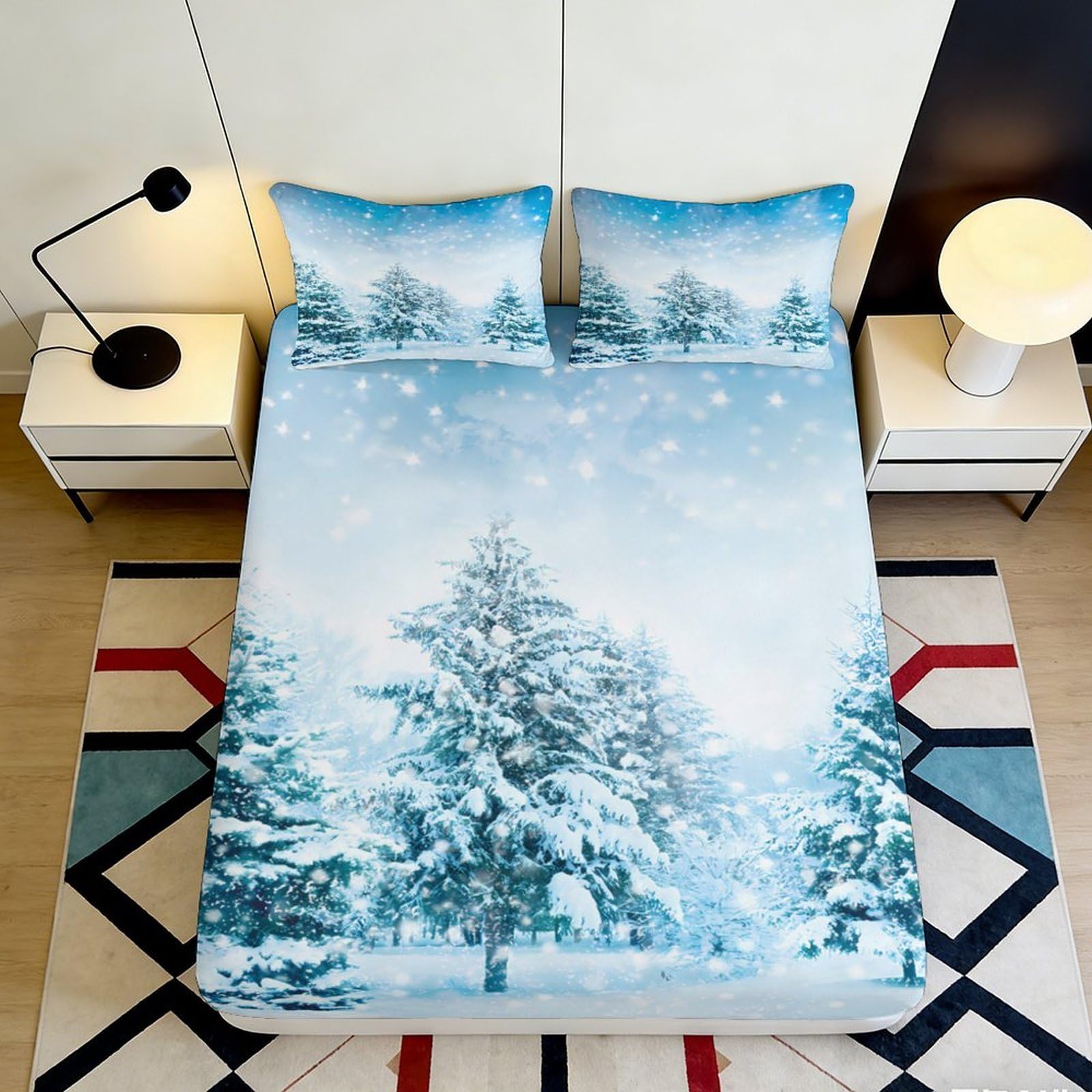 3D Printed Snowy Pine Forest Fitted Sheet Microfiber Soft Mattress Cover Winter Trees Decor Bedroom Home 200x200x25cm