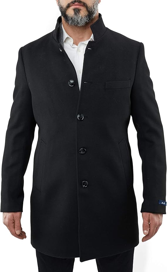 Men's Premium Black Woolen Pea Coat Notched Collar Overcoat at Amazon