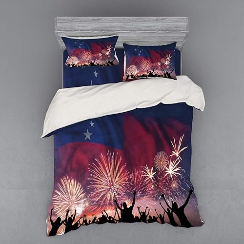 Miniatura 7 de Lunarable Samoa Duvet Cover Set, Celebration Themed Illustration with Happy People Silhouettes Fireworks and Flag, 4 Piece Bedding Set with Shams