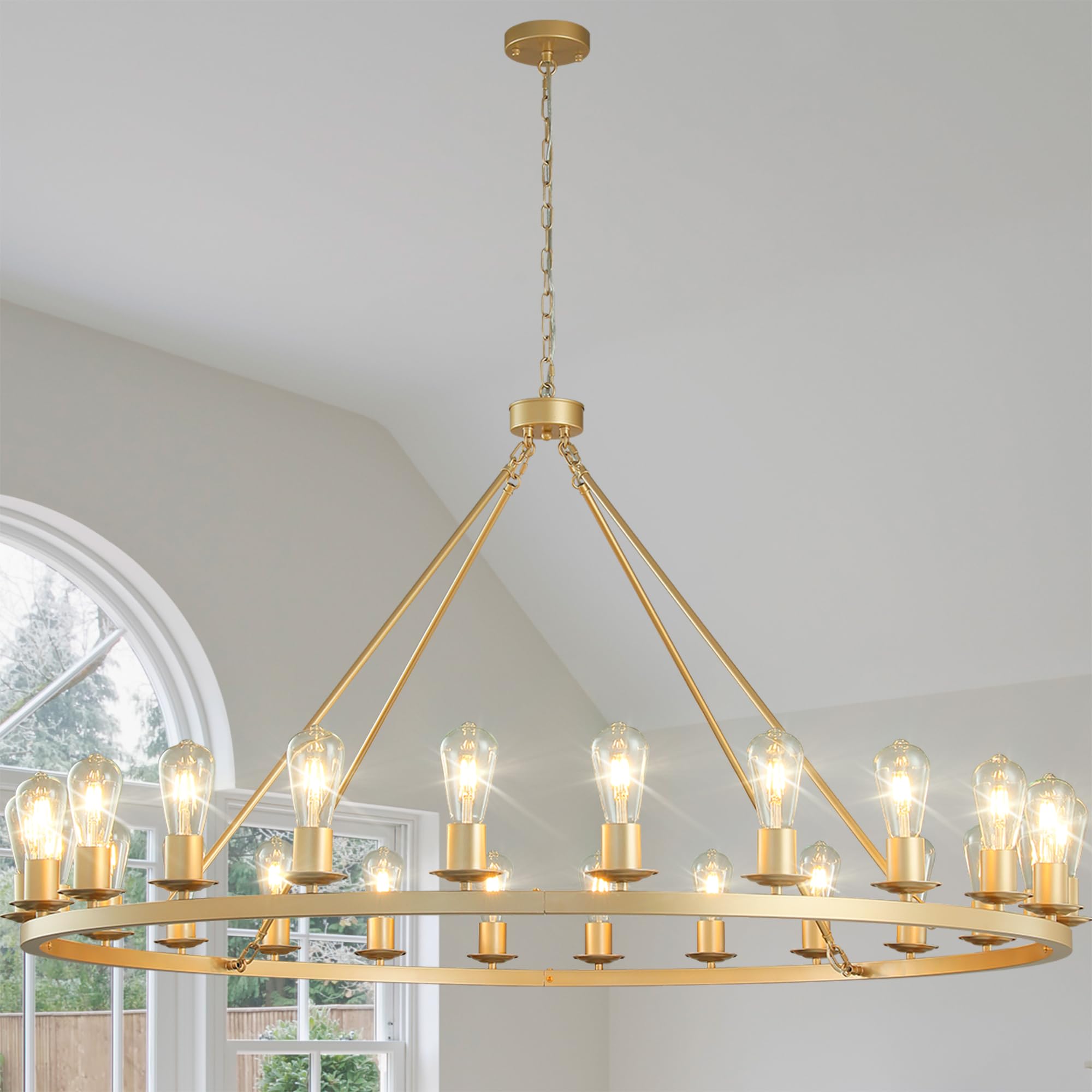 gold wagon wheel chandelier 53-inch 24-light,extra large circle rustic farmhouse light fixture,round metal chandeliers for foyer entryway dining room living room high ceilings (e26 base)