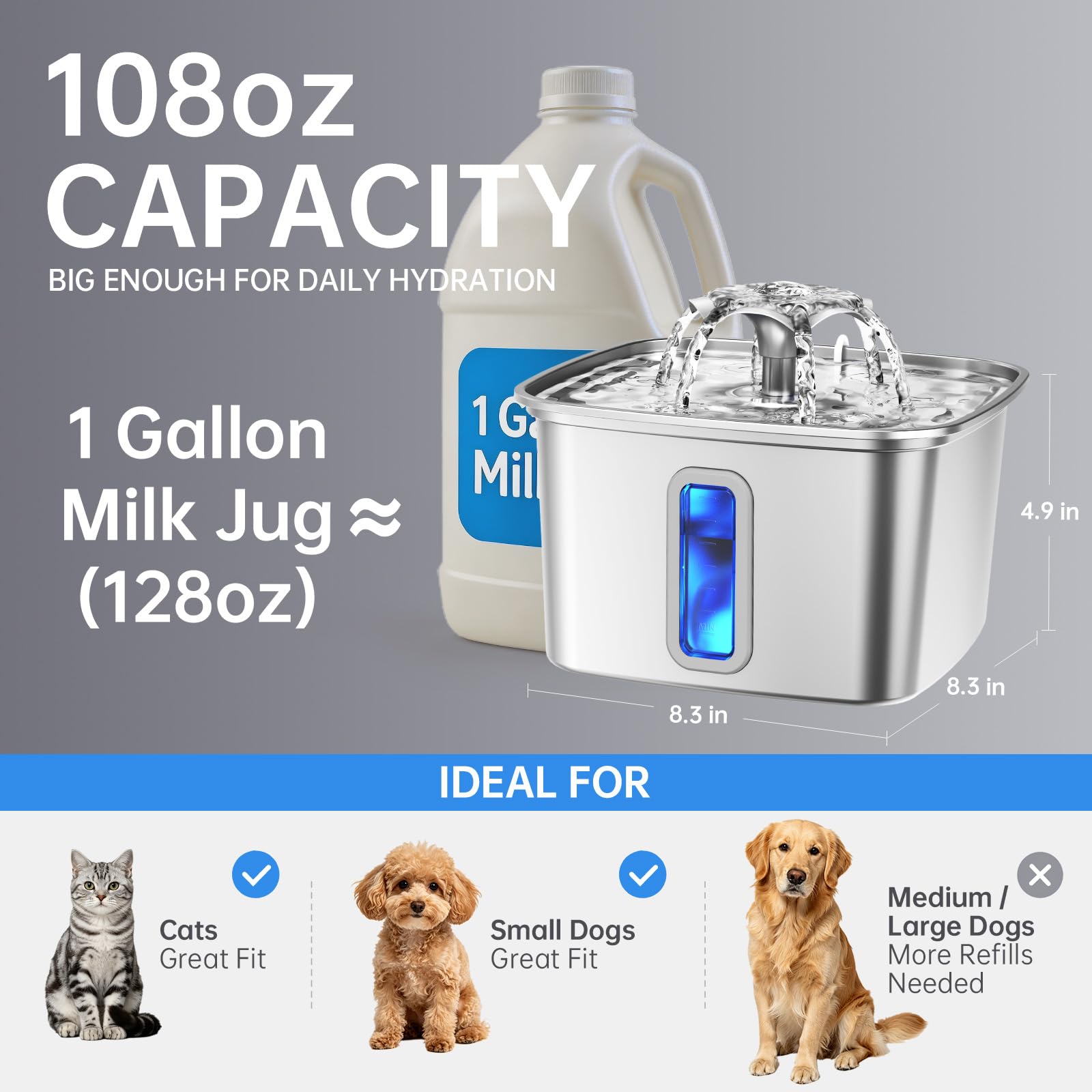 Veken Innovation Award Winner Stainless Steel Cat Water Fountain, 108oz, C1 view 4