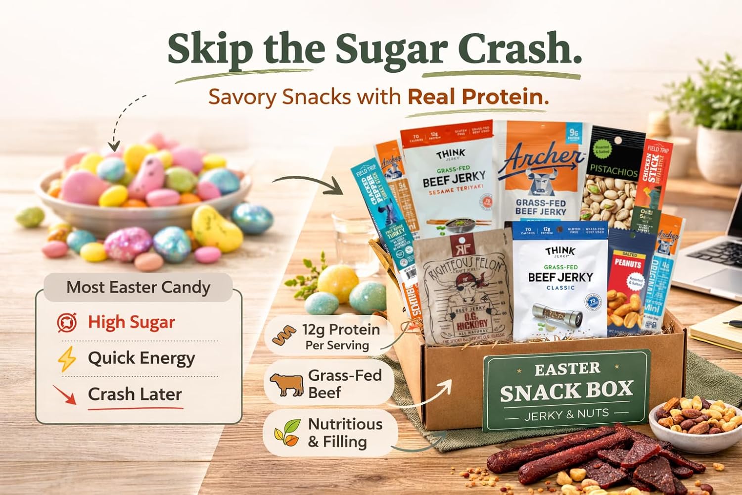 Jerky Easter Basket – Prefilled Gift Box with Jerky, Meat Sticks & Nuts, High Protein Snacks for Teens and Adults, Premade Easter Snack Assortment