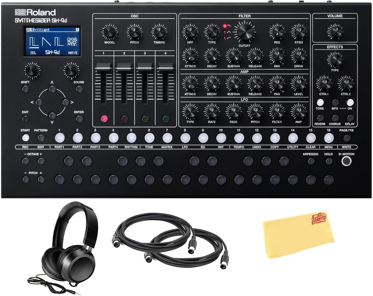 Roland SH-4D Desktop Synthesizer Bundle with Headphones, MIDI Cable, and Austin Bazaar Polishing Cloth