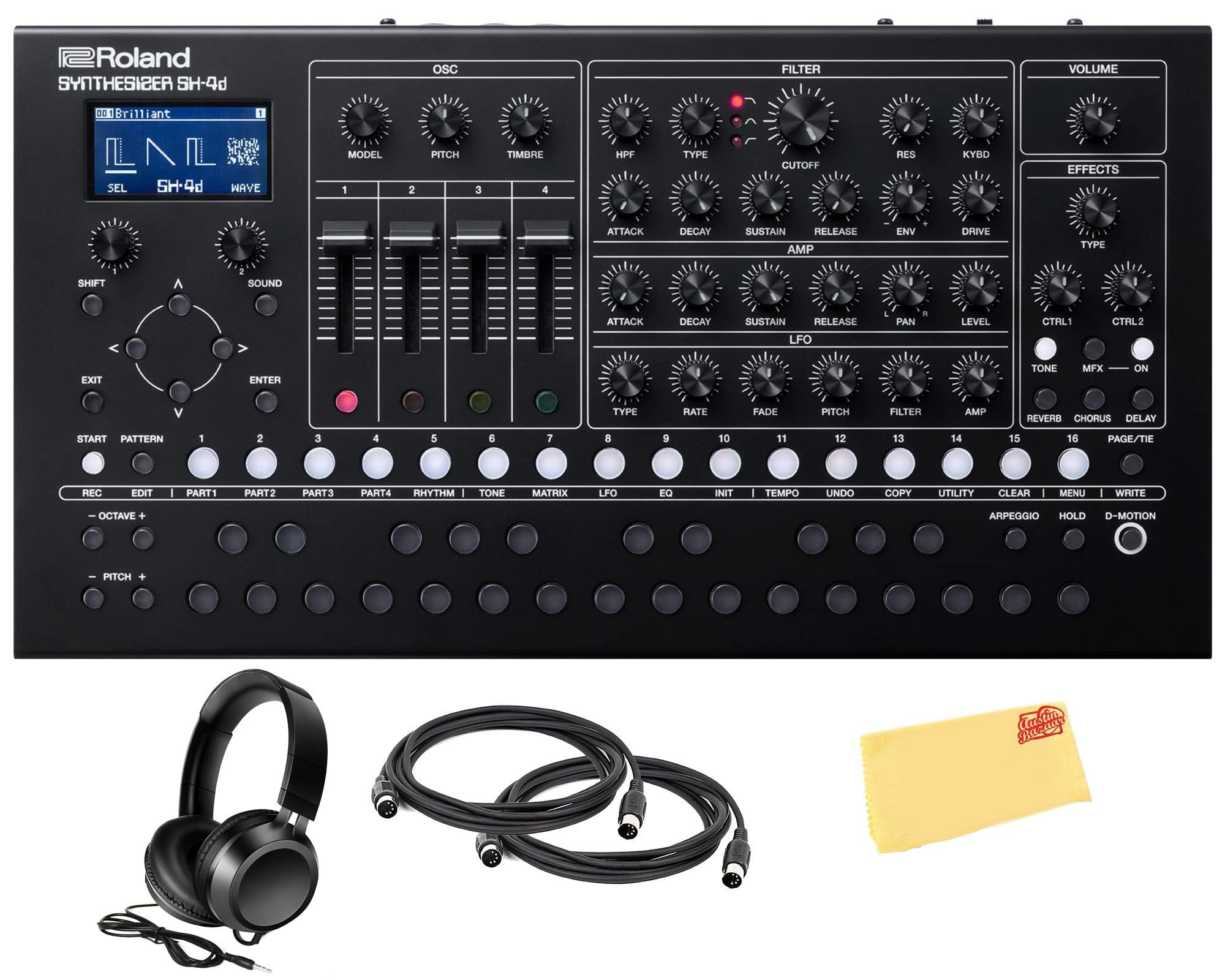 Roland SH-4D Desktop Synthesizer Bundle with Headphones, MIDI Cable, and Austin Bazaar Polishing Cloth