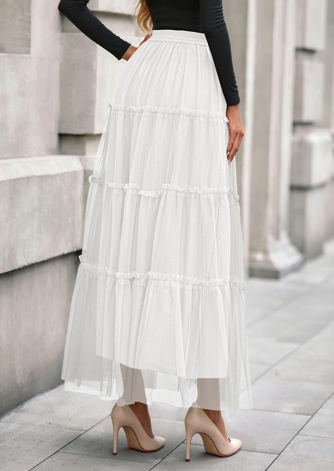 PRETTYGARDEN Tulle Skirts for Women 2026 Spring Fashion Elastic High Waisted Tiered Flowy Fairy A-Line Casual Maxi Long Skirt - Image 5